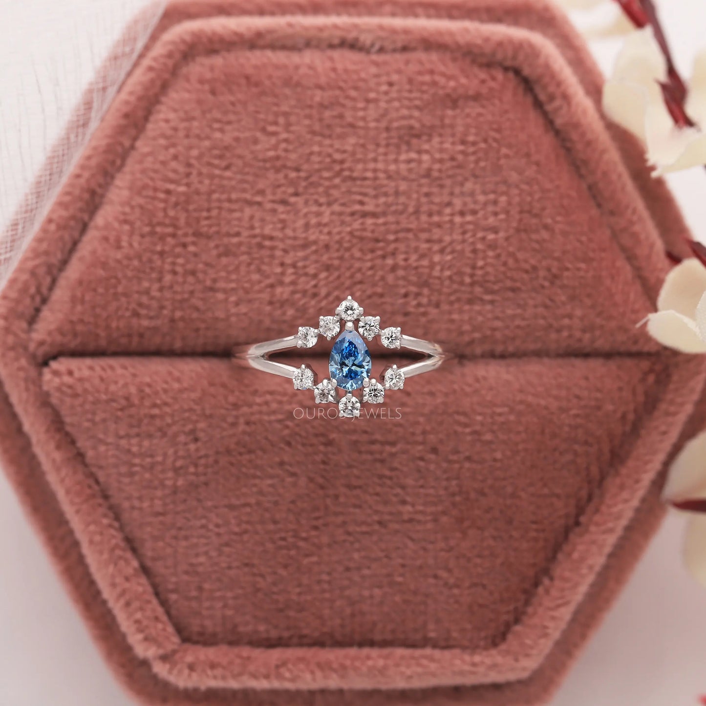 Blue Pear Cut Lab Diamond Engagement Ring