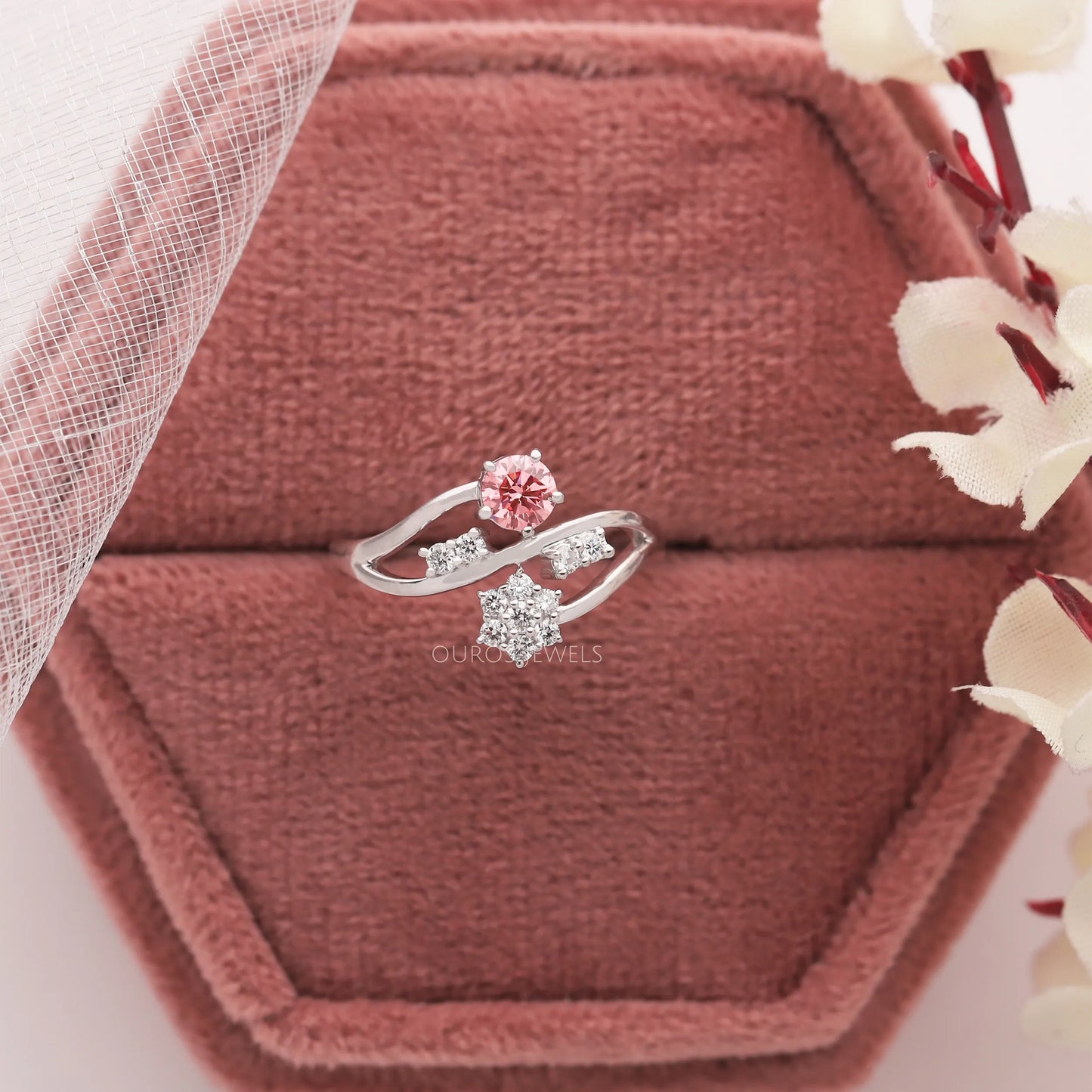 Floral Style Pink Round Cluster Ring