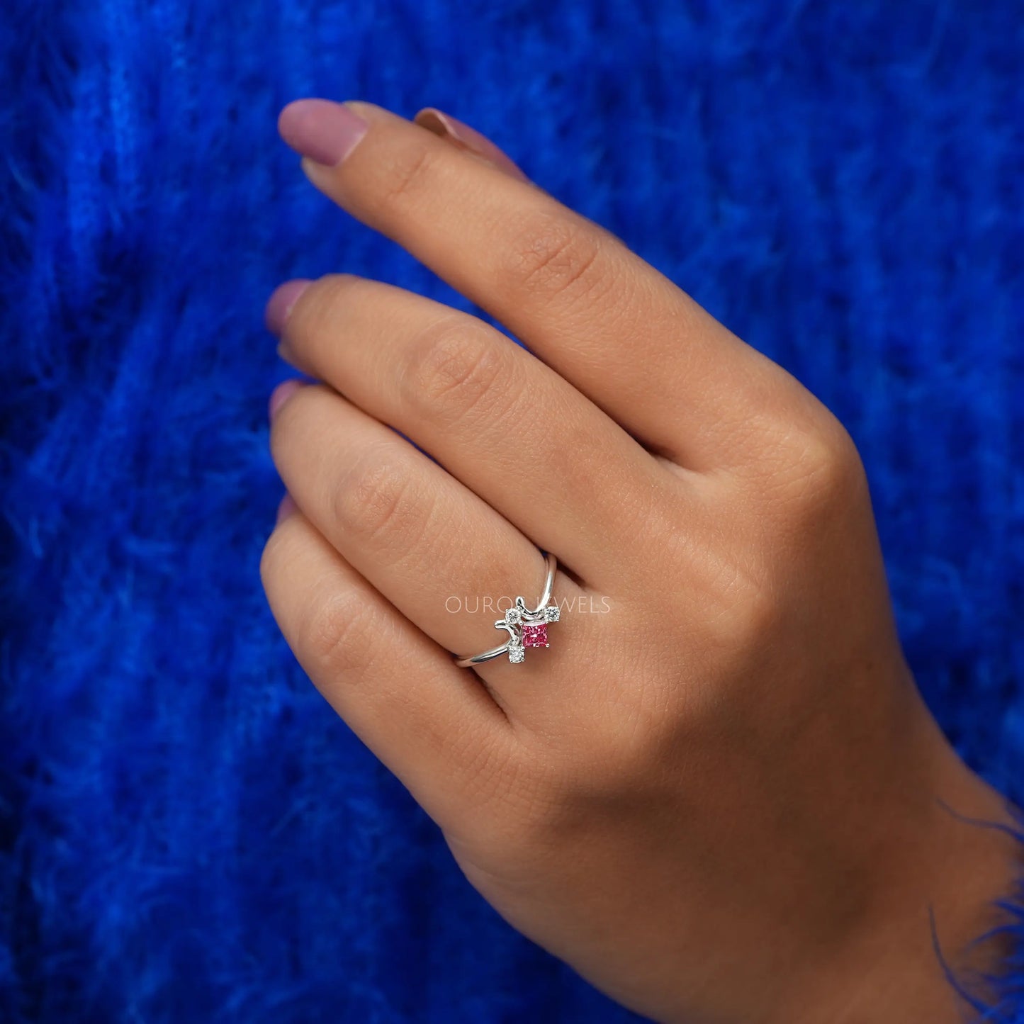 Pink Princess Cut Curved Dainty Ring