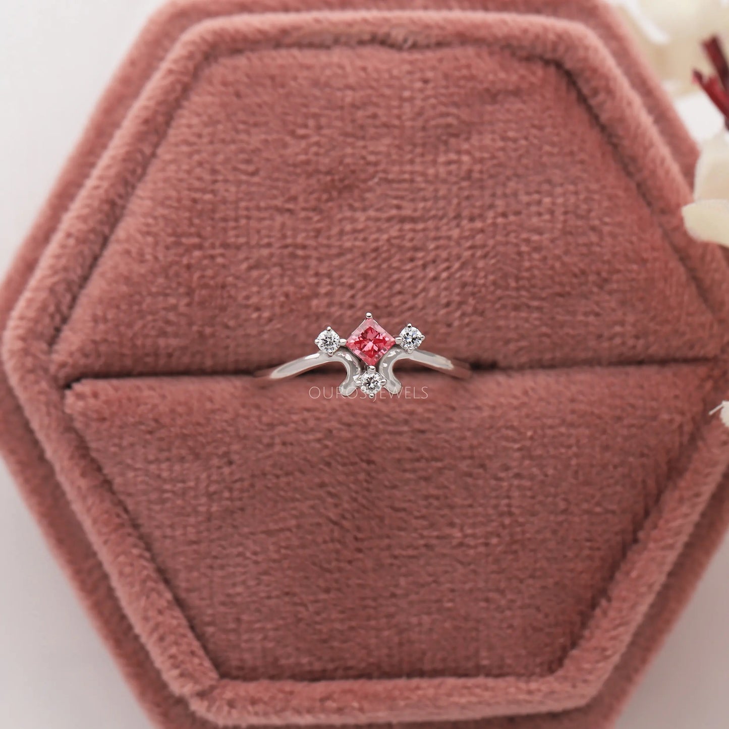 Pink Princess Cut Curved Dainty Ring