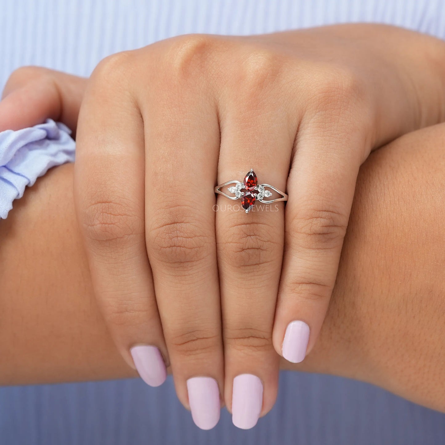 Red Pear Cut Lab Diamond Dainty Ring