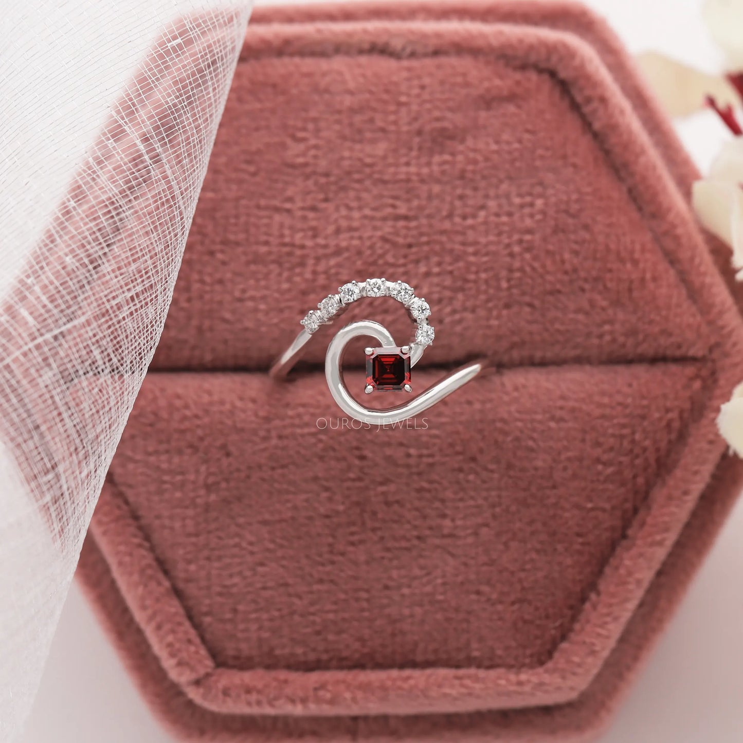 Red Asscher Diamond Tourbillon Ring