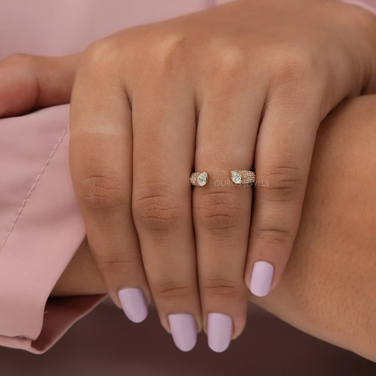 Pear & Round Diamond Open Cuff Ring