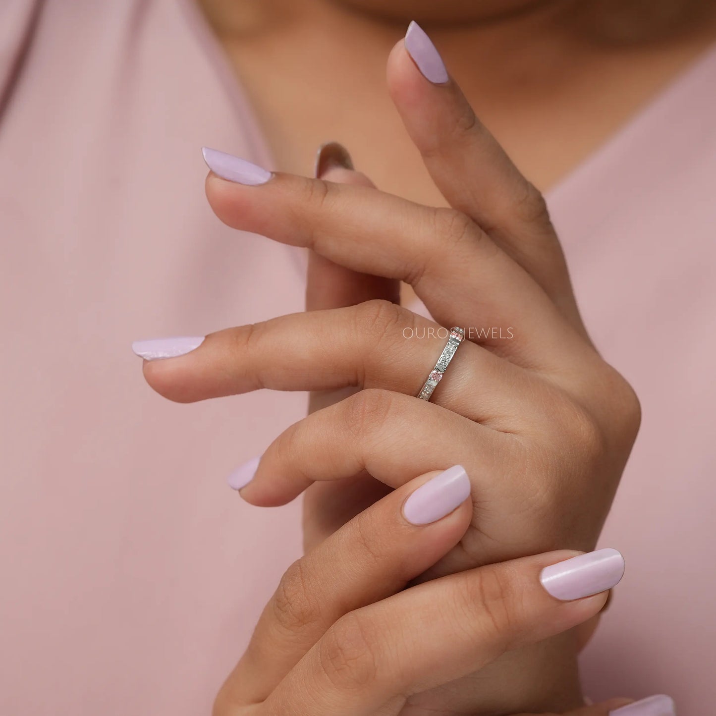 Pink Round Cut Half Eternity Band