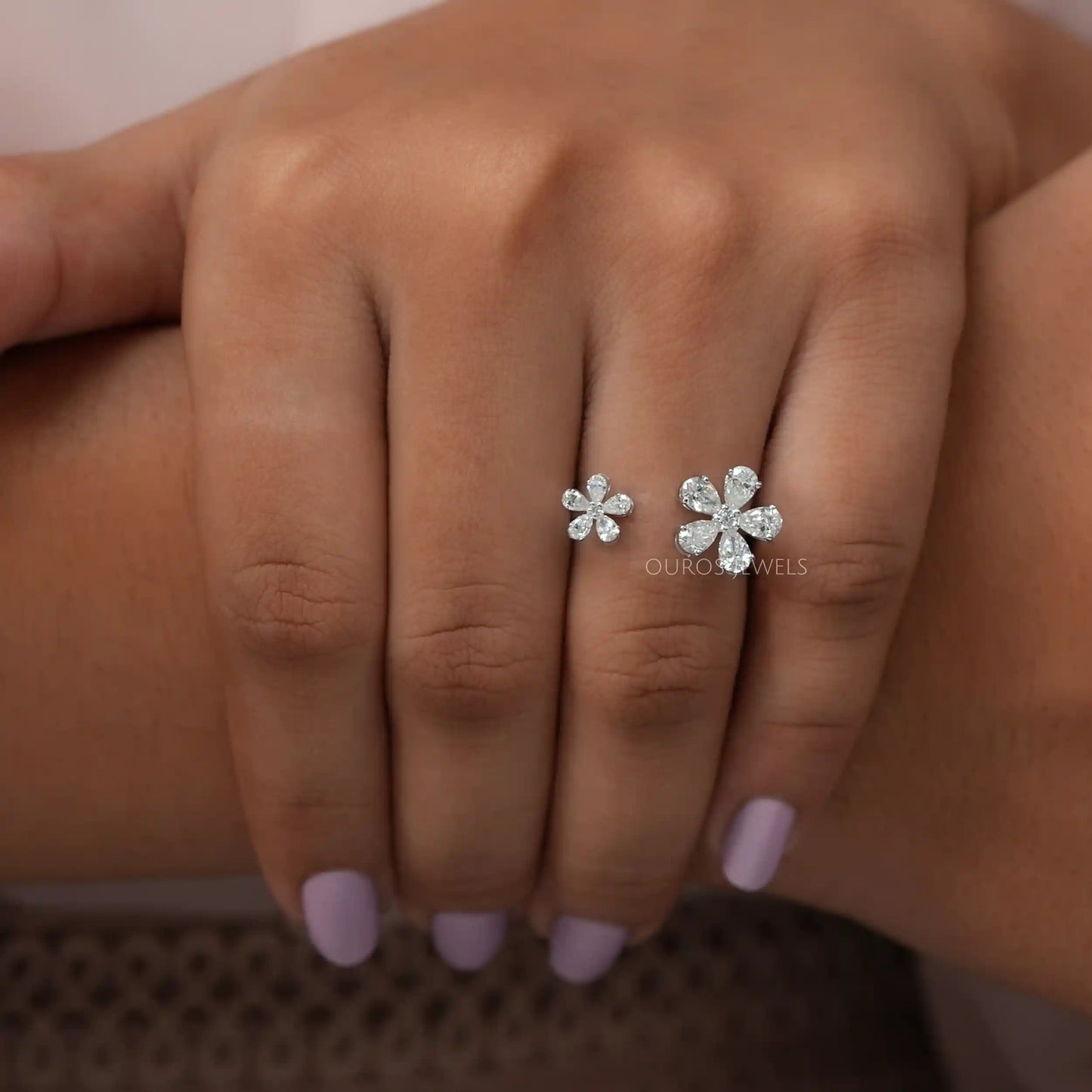 Pear Diamond Twin Flowers Open Ring