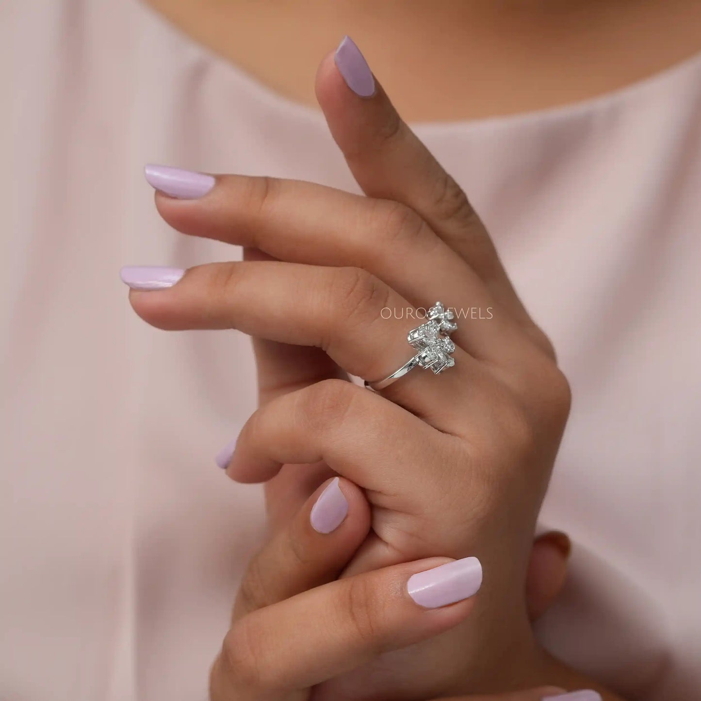 Pear Diamond Twin Flowers Open Ring