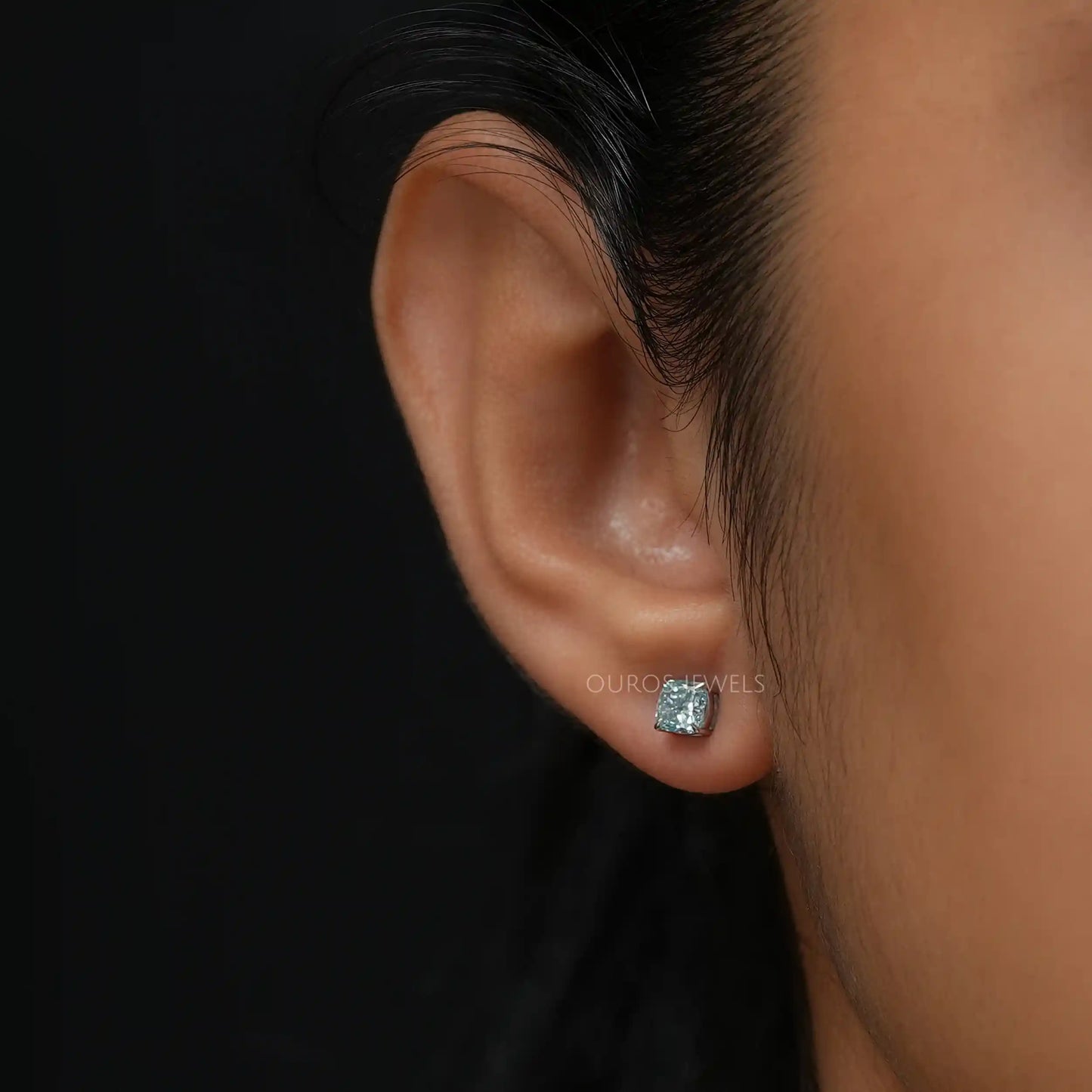 Green Cushion Lab-Diamond Stud Earrings
