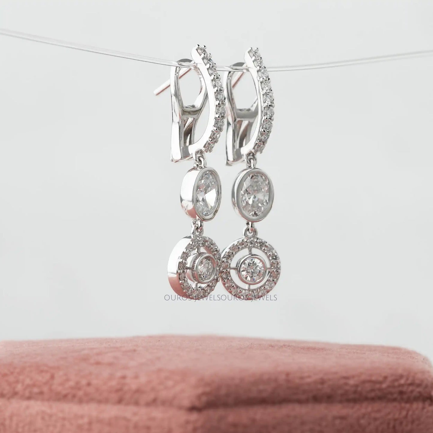 Bezel Set Oval Halo Dangle Drop Earring