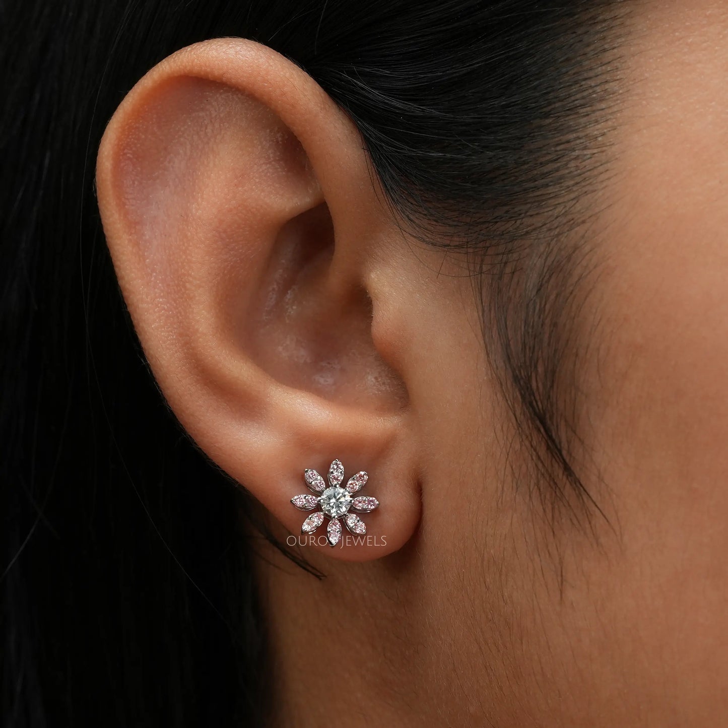 Pink Round Cut Floral Earring