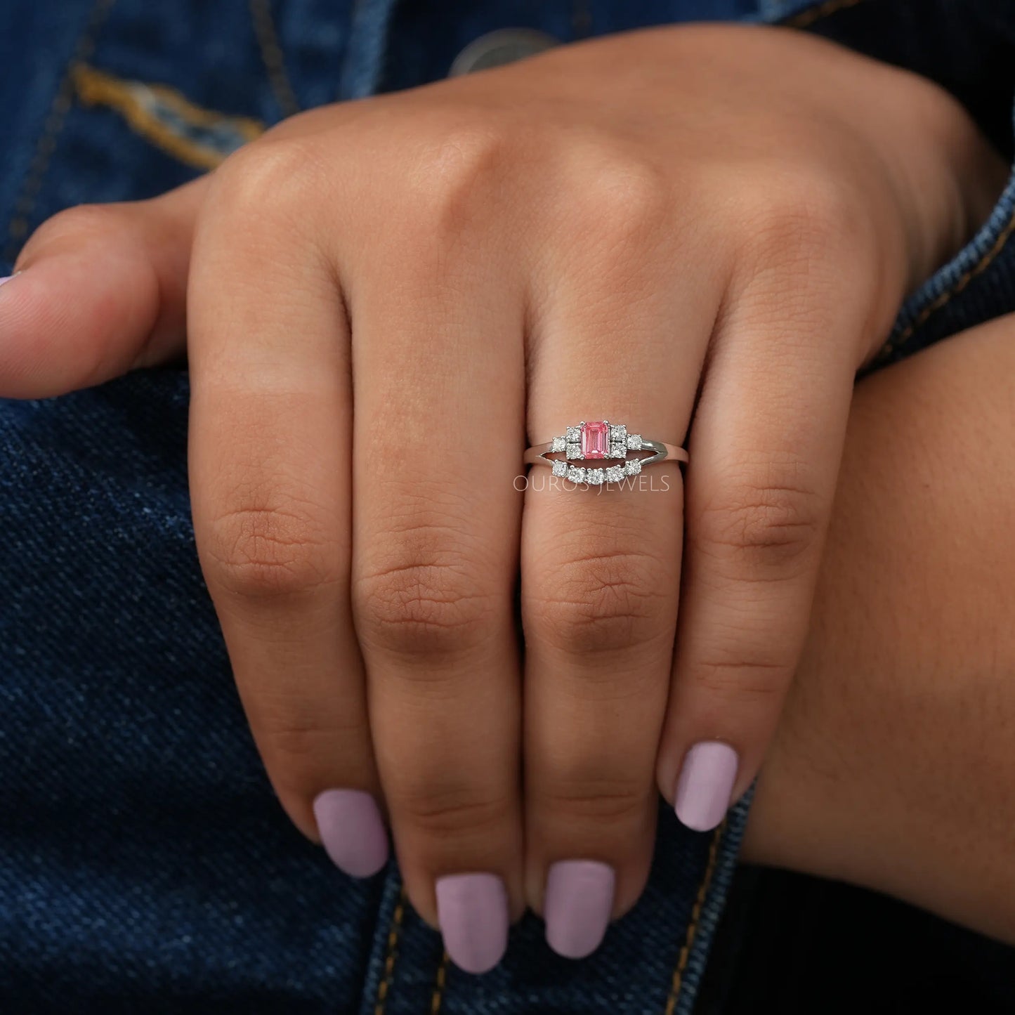 Pink Color Emerald Cut Cluster Ring