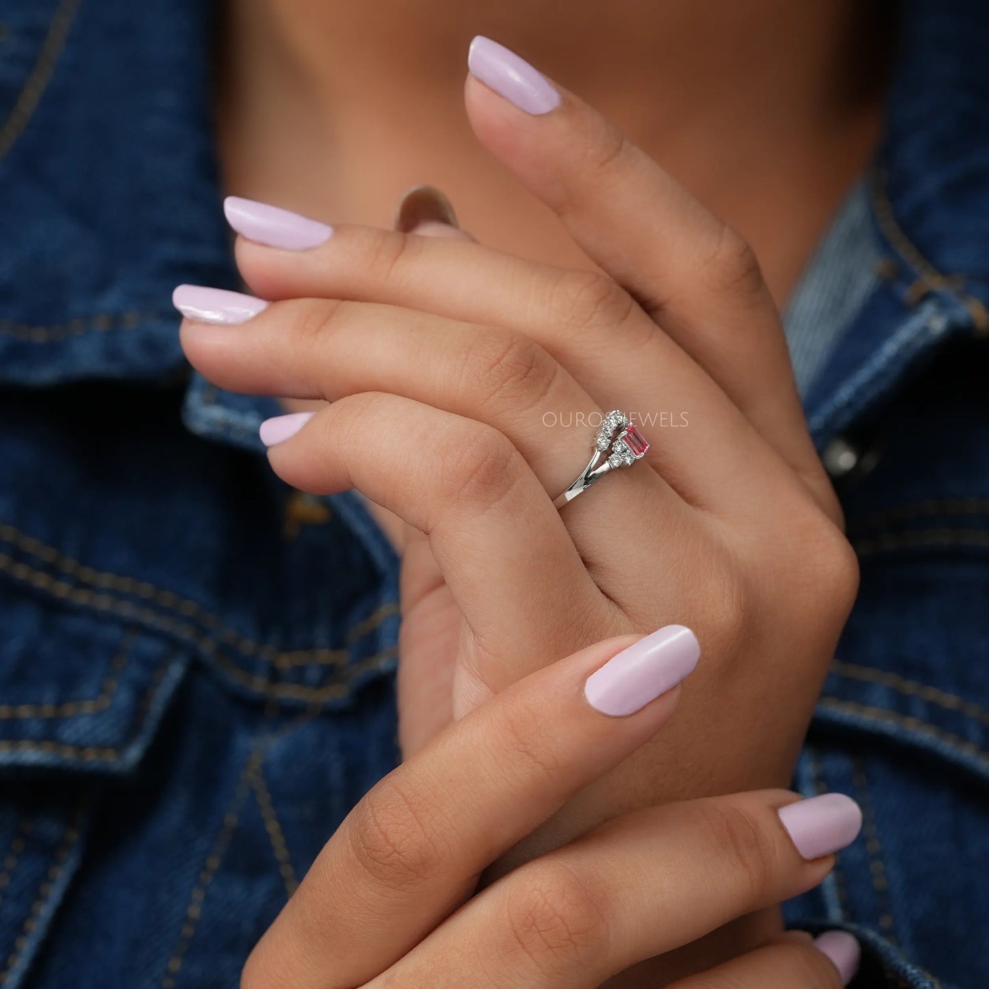 Pink Color Emerald Cut Cluster Ring