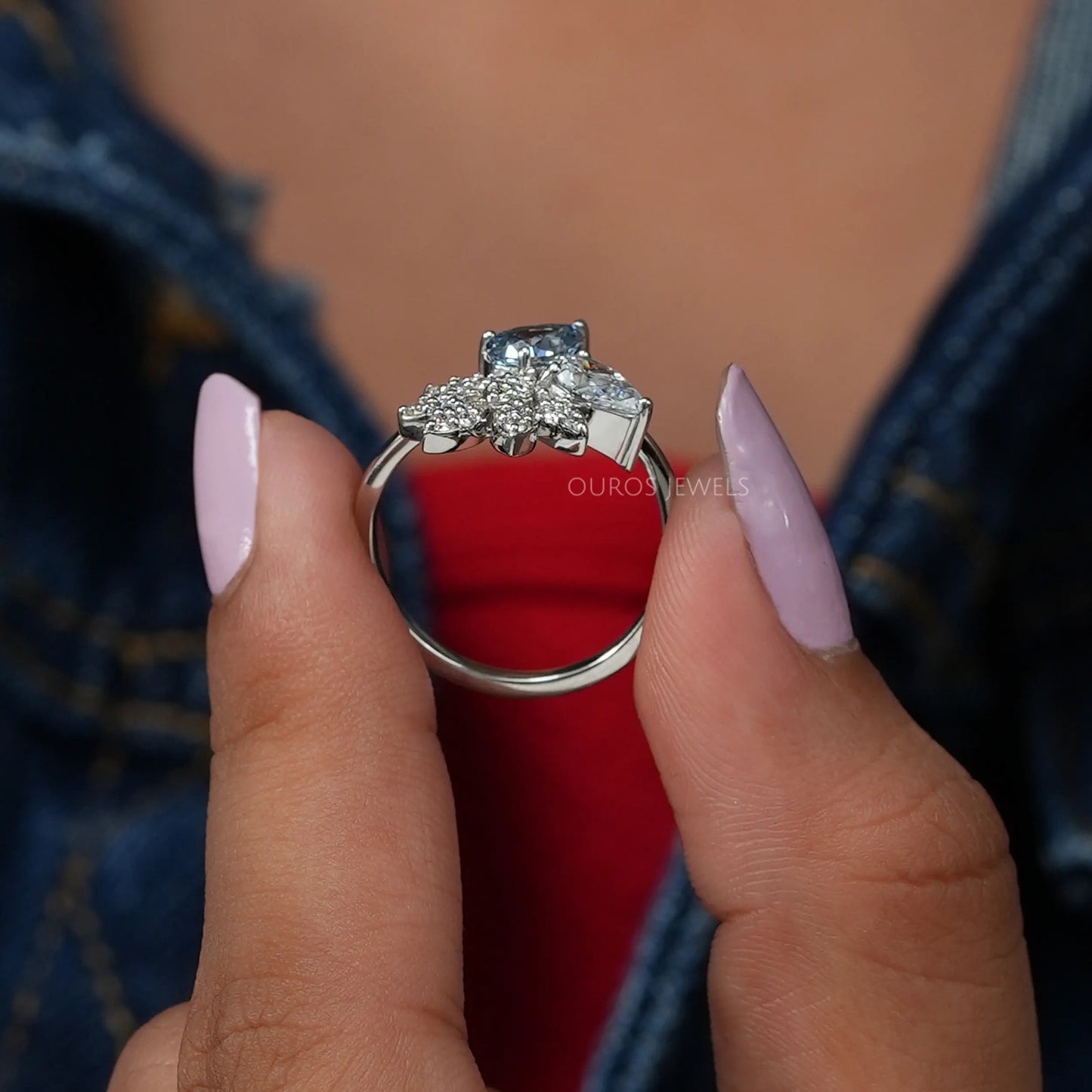 Blue Pear And Round Cluster Engagement Ring