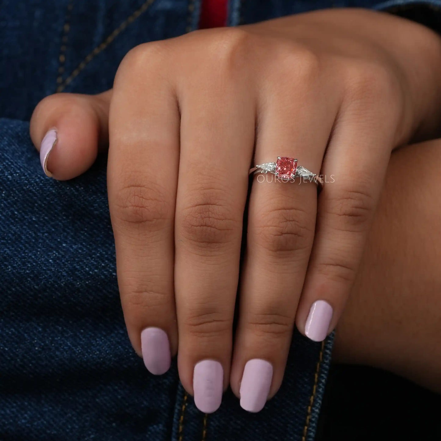 Pink Cushion Diamond Three Stone Ring