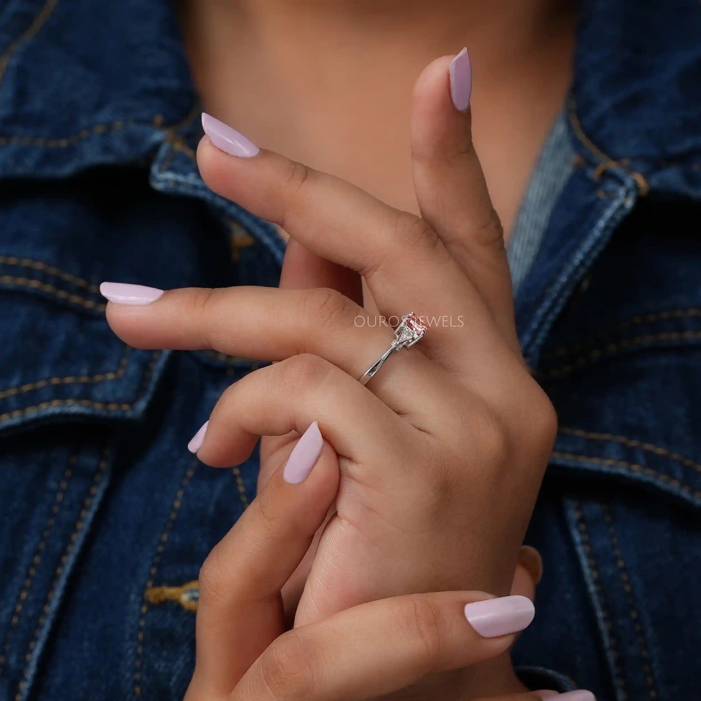 Pink Cushion Diamond Three Stone Ring