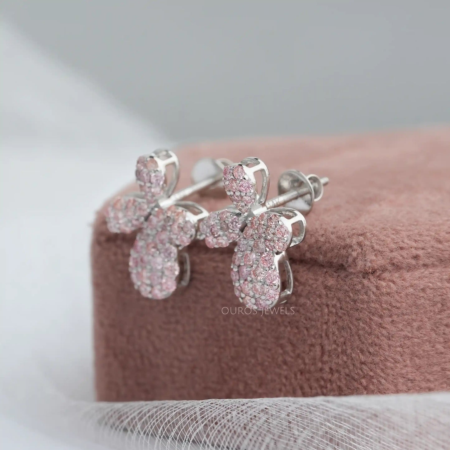 Pink Round Cut Cluster Diamond Earrings