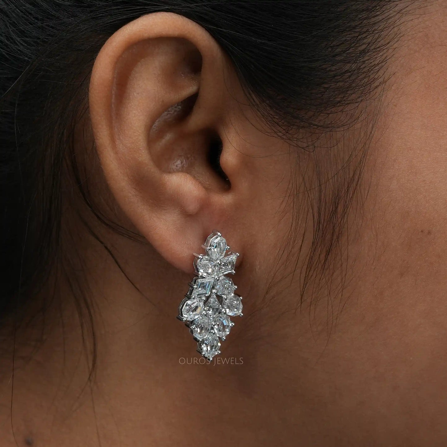 Step Cut Moval Diamond Drop Dangle Earrings