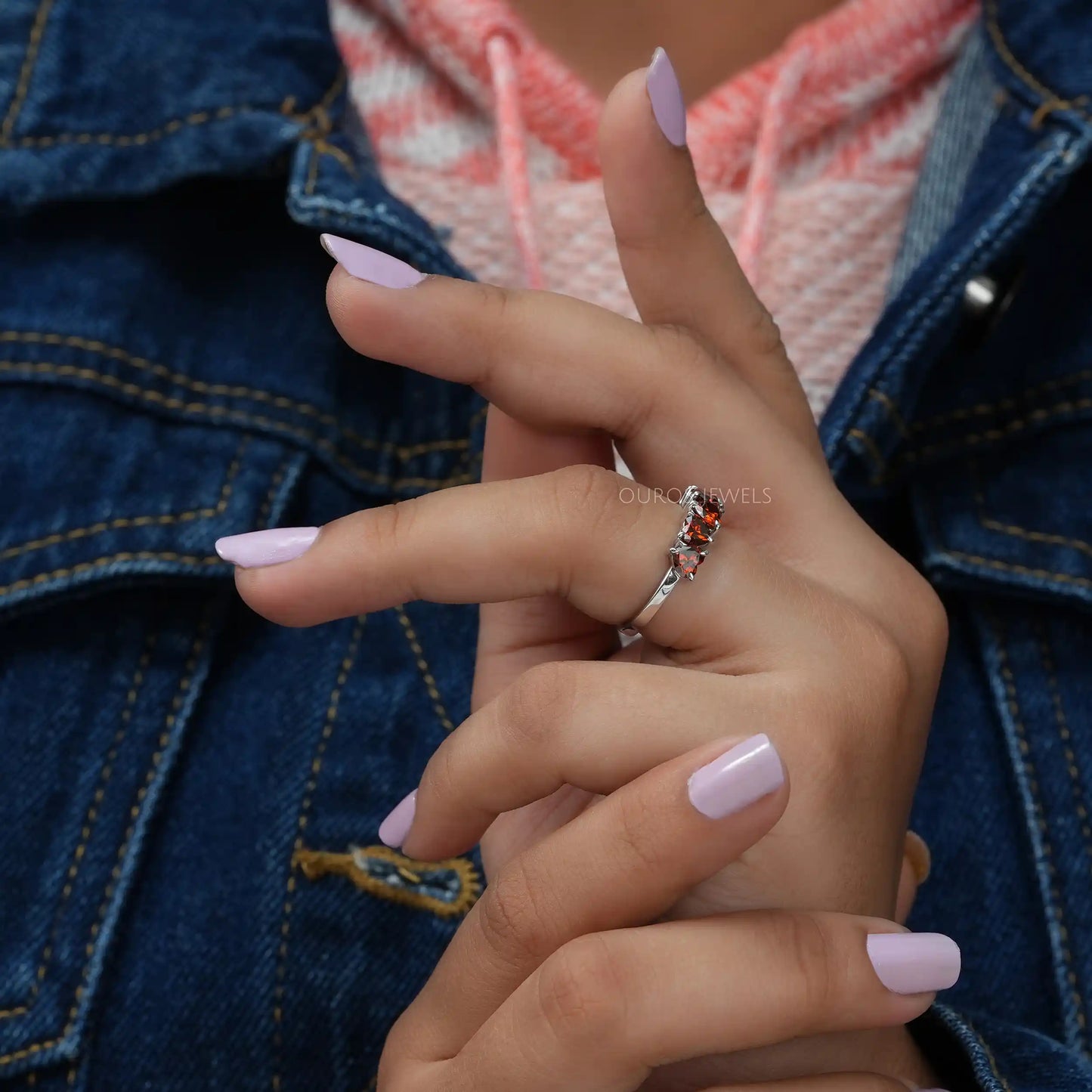 Red Heart Diamond Five Stone Ring