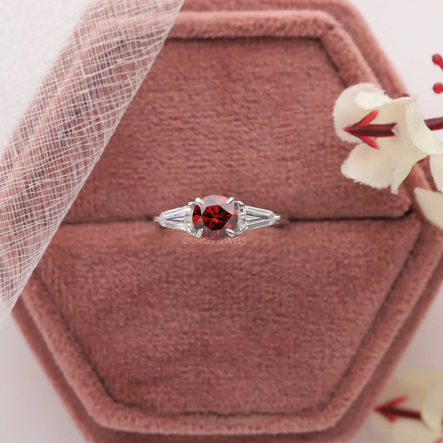 Red Round Cut Three Stone Ring