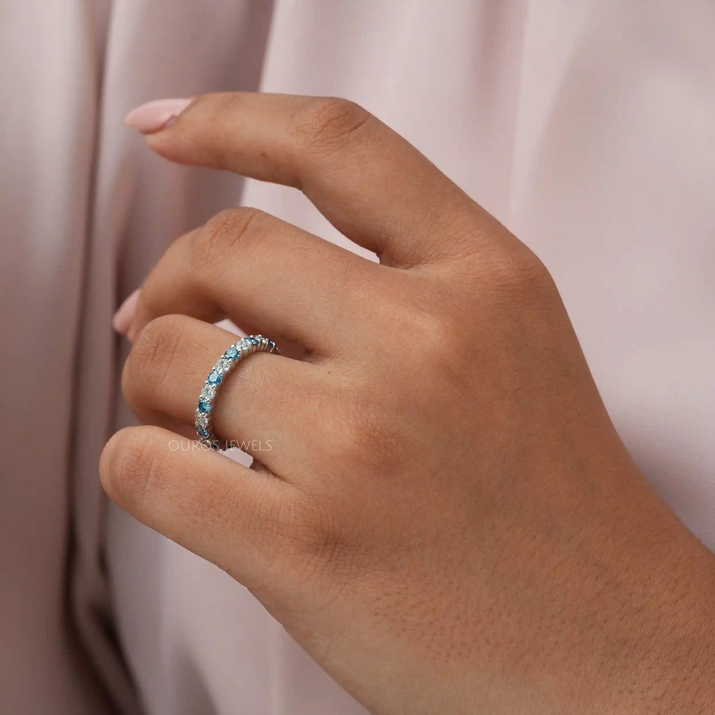 Blue Round Cut Eternity Wedding Band