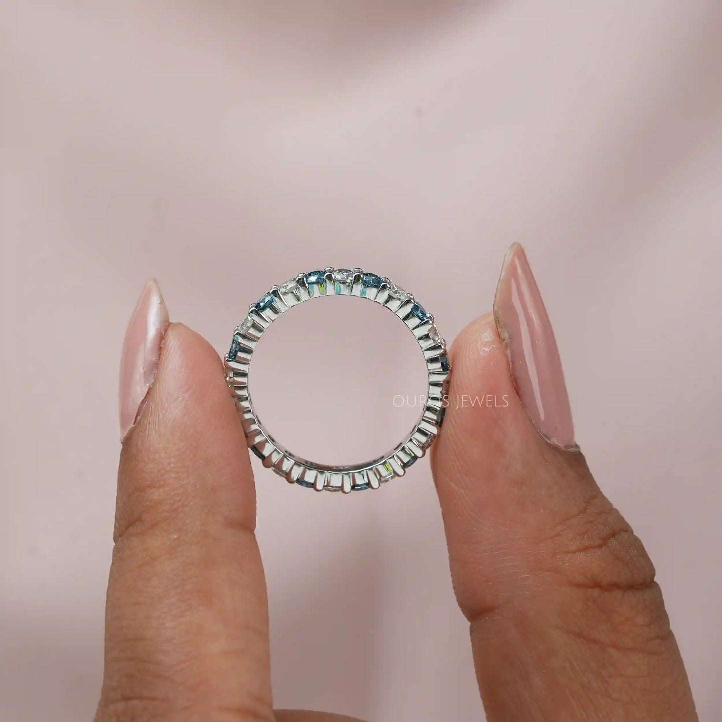 Blue Round Cut Eternity Wedding Band