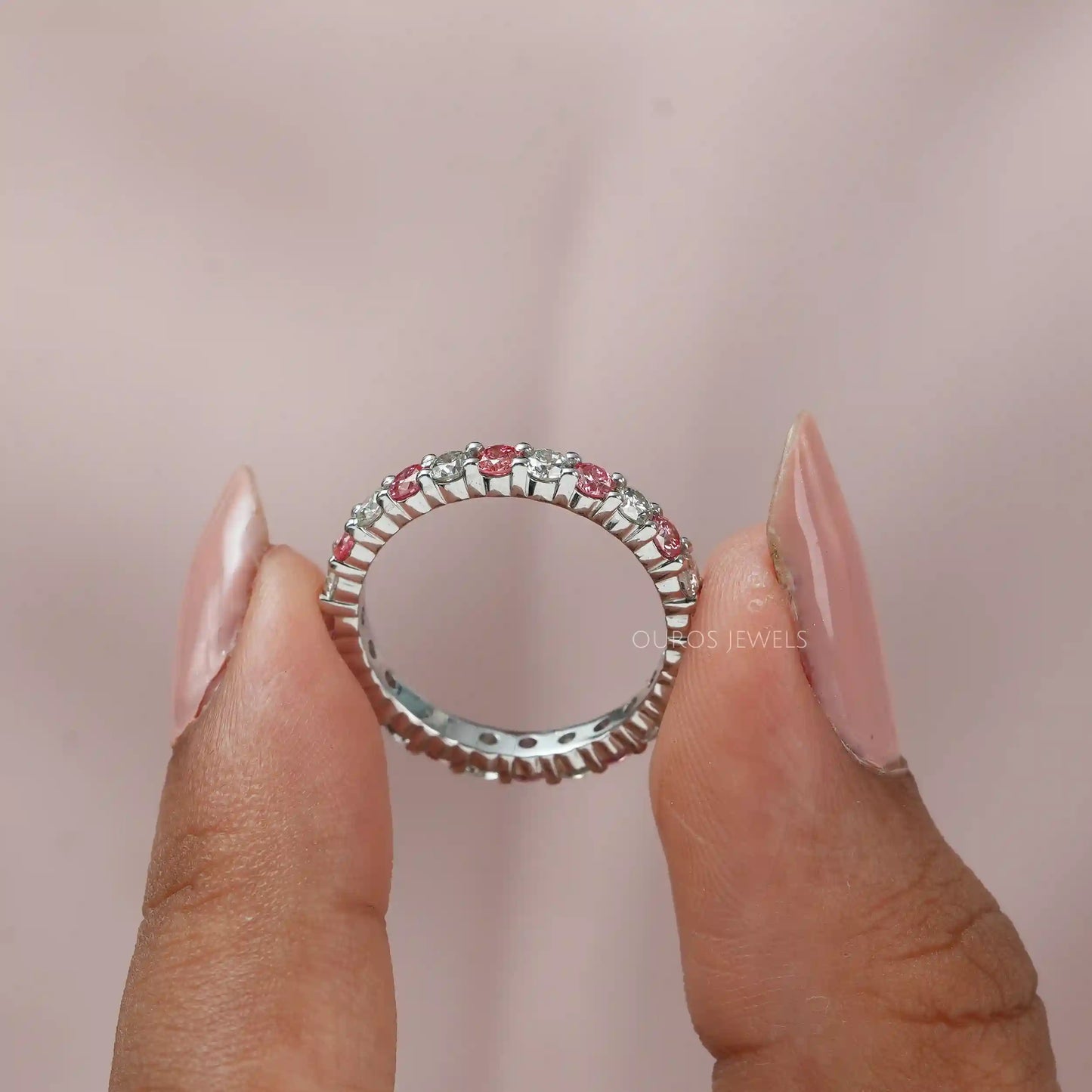 Pink Round Cut Lab Diamond Eternity Wedding Band