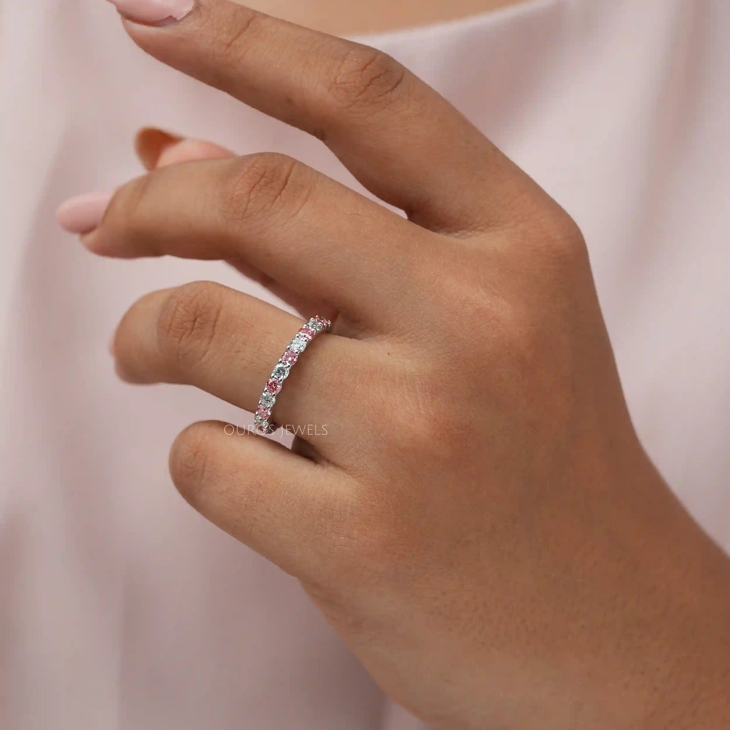 Pink Round Cut Lab Diamond Eternity Wedding Band
