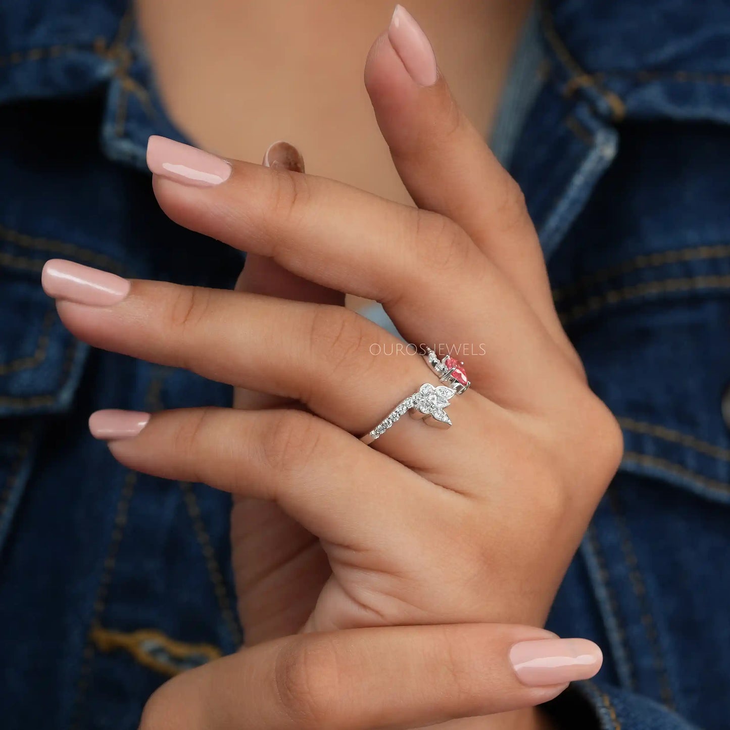 Pink Butterfly & Pear Cut Open Ring