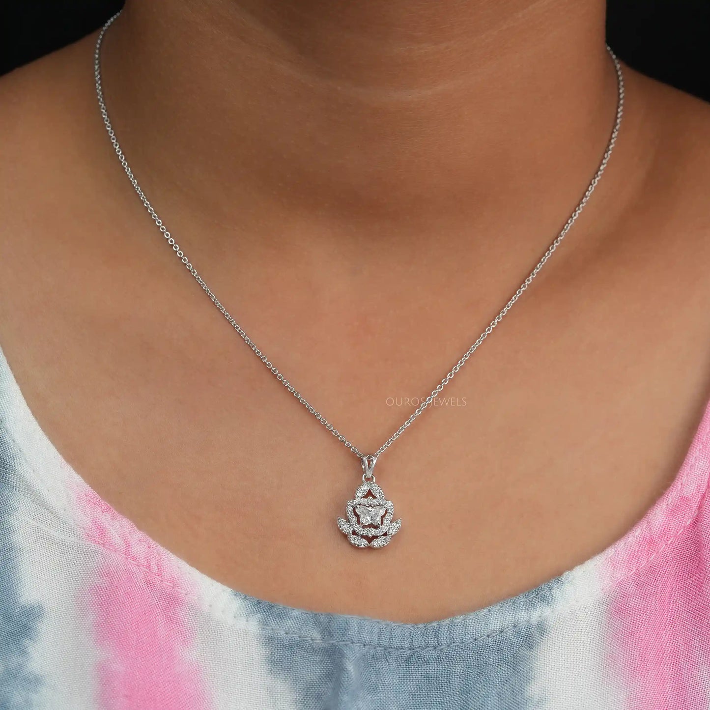 Butterfly Cut Halo Cluster Necklace
