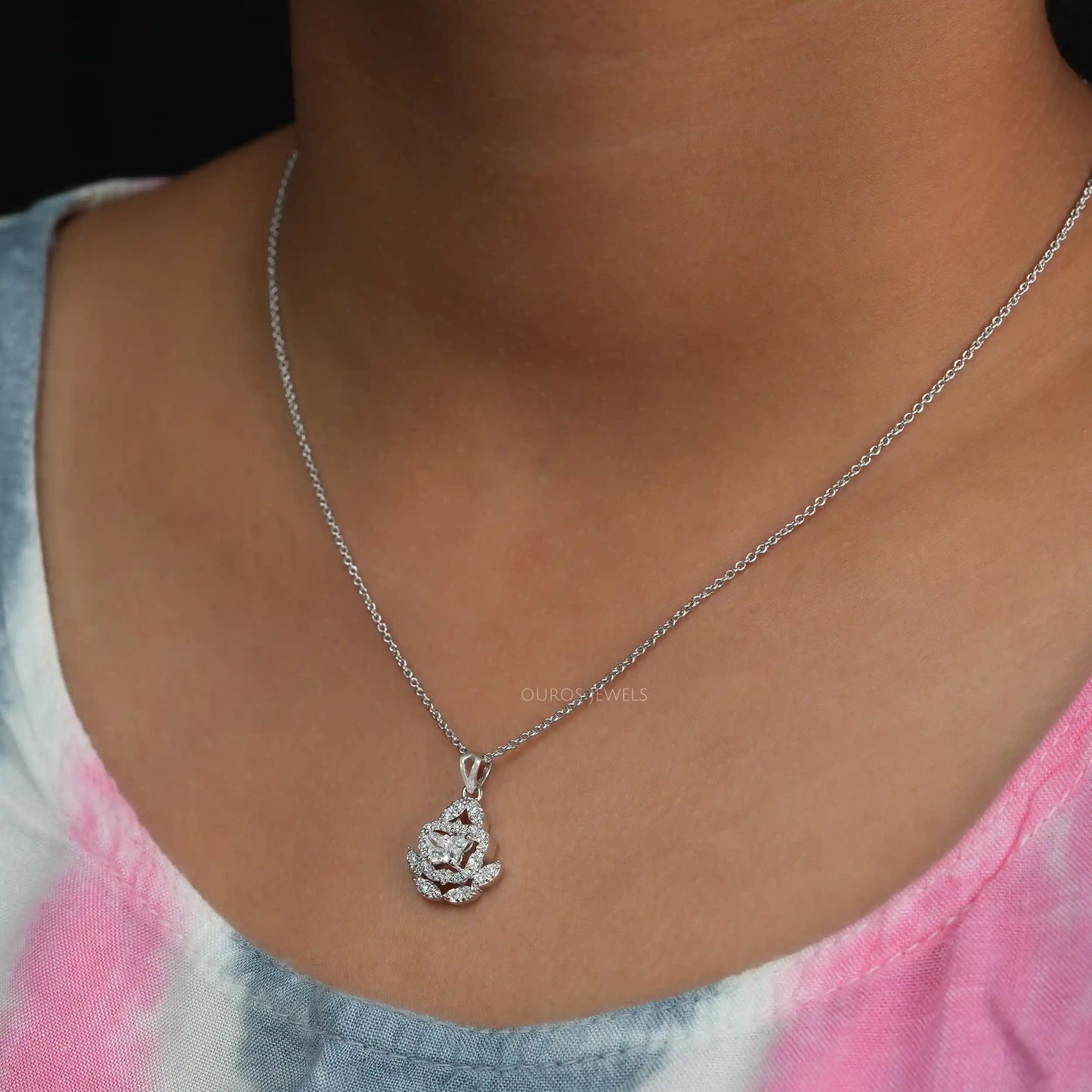 Butterfly Cut Halo Cluster Necklace