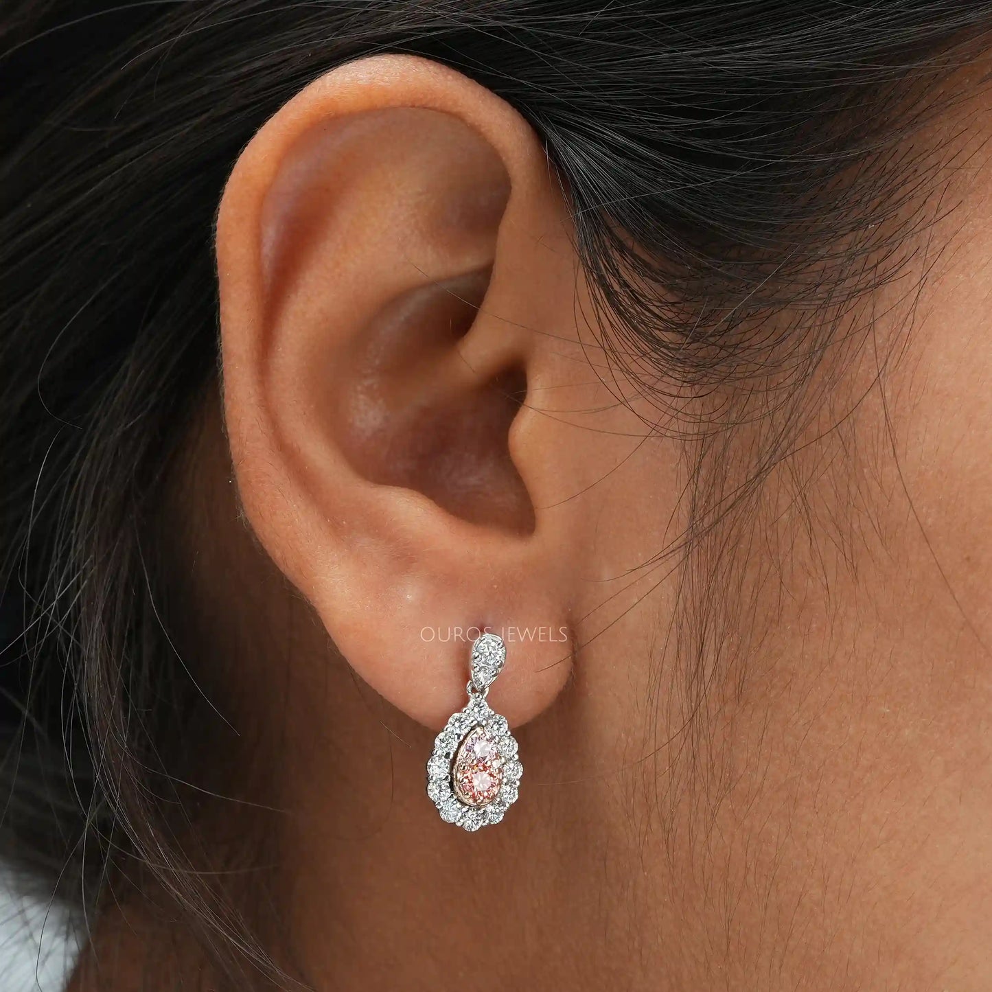 Pink Round Diamond Teardrop Earrings