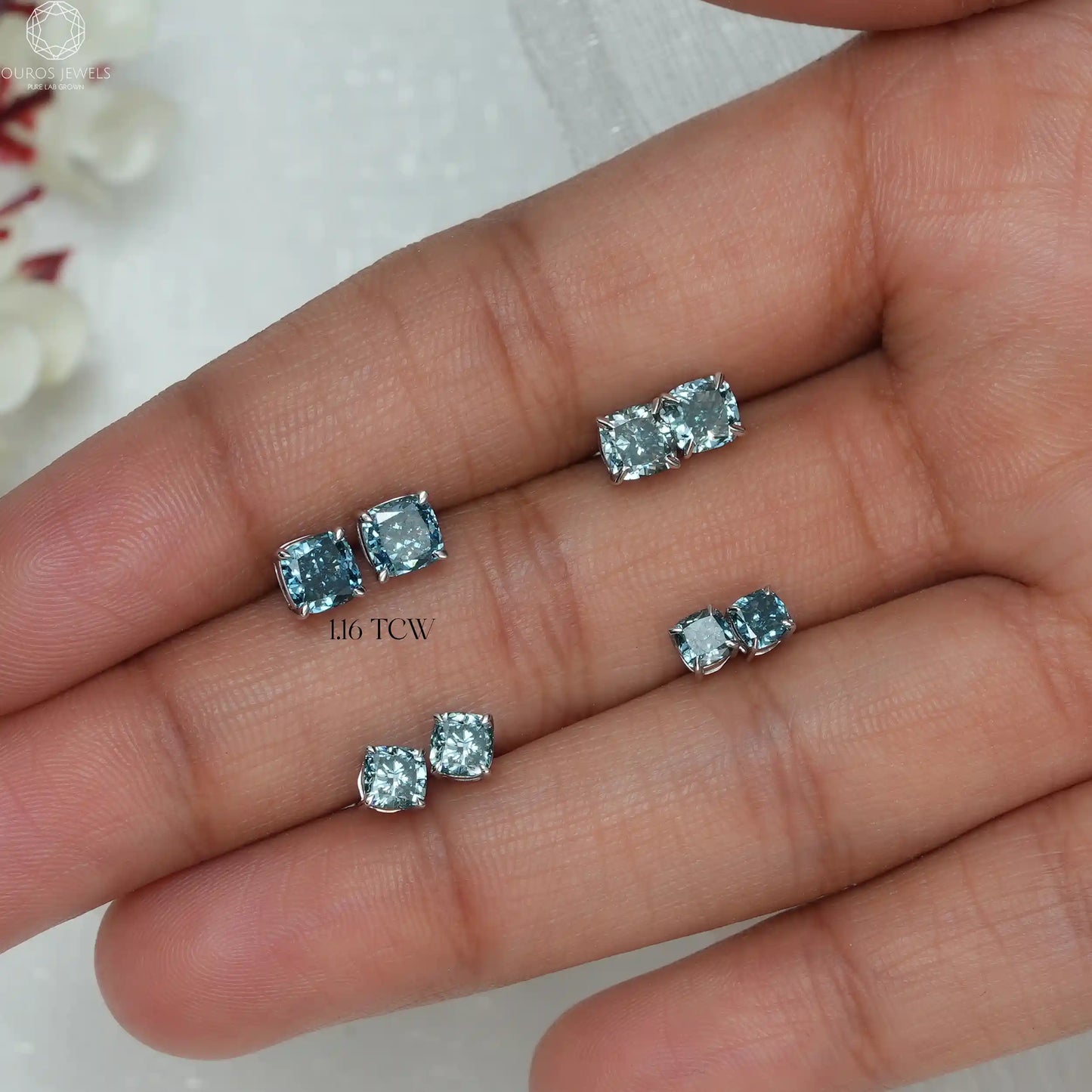 Blue Cushion Diamond Stud Earrings
