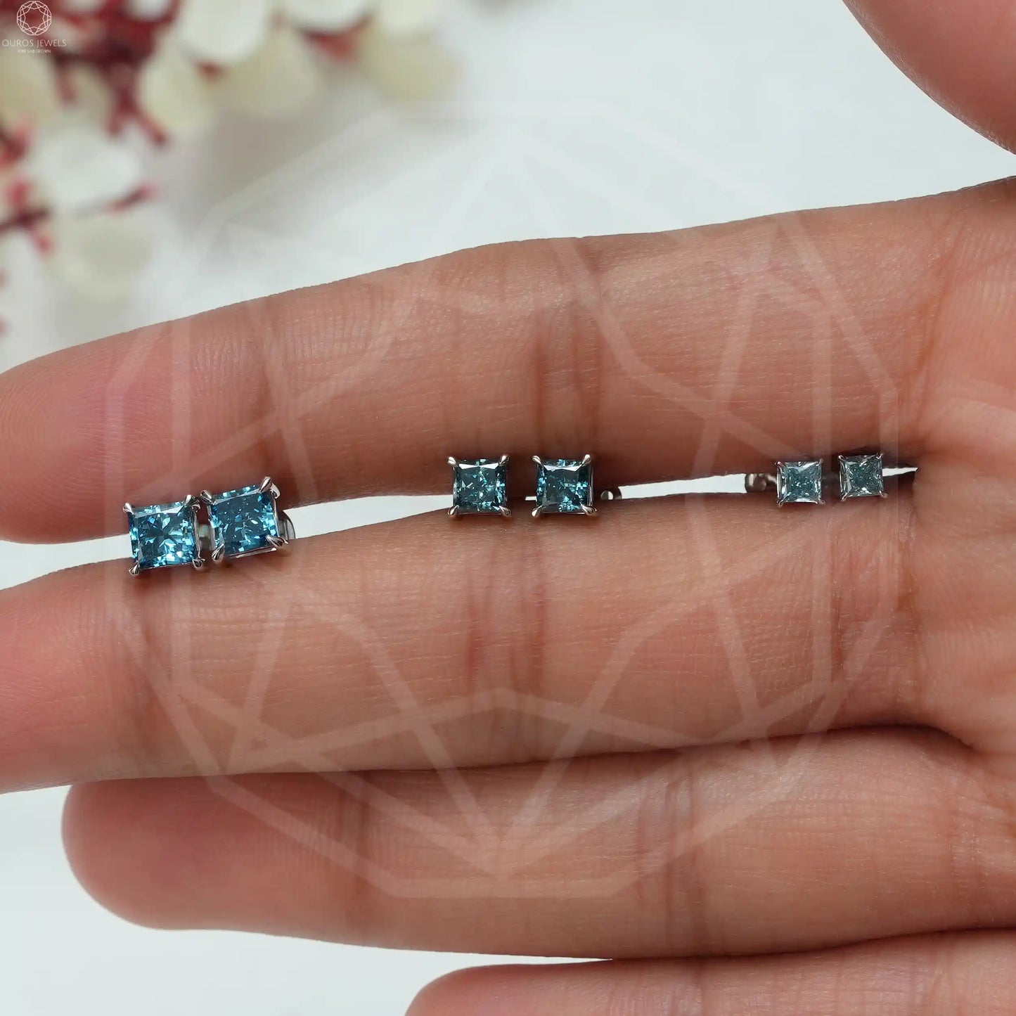 Blue Princess Lab Diamond Stud Earrings