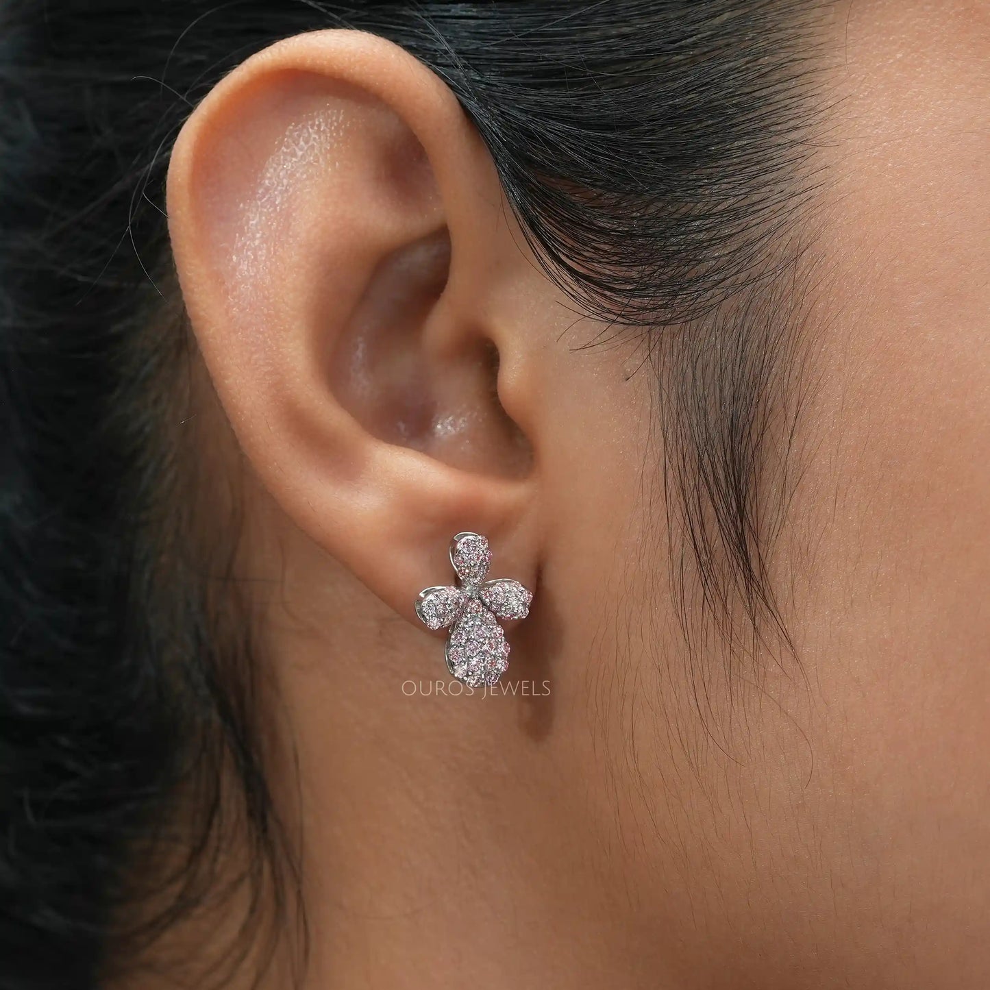 Pink Round Cut Cluster Diamond Earrings