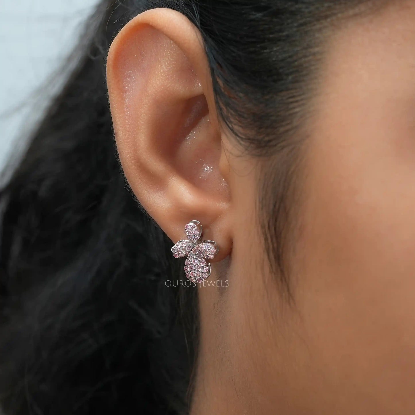 Pink Round Cut Cluster Diamond Earrings