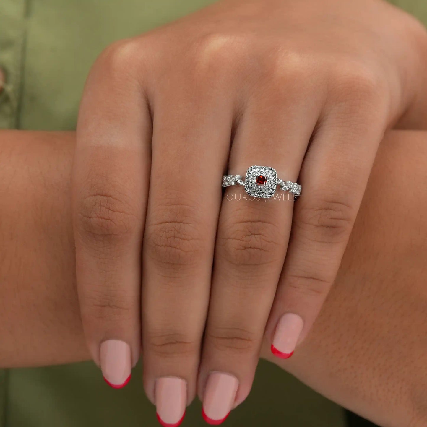 Red Princess Diamond Double Halo Ring