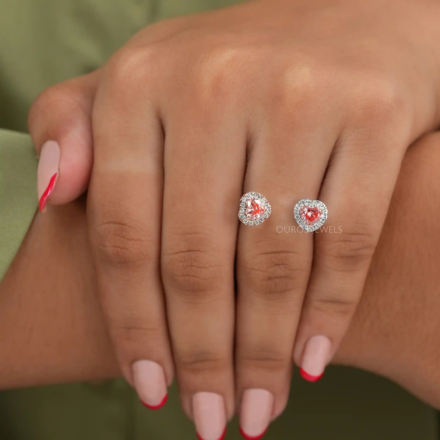 Pink Heart Cut Halo Diamond Open Cuff Ring