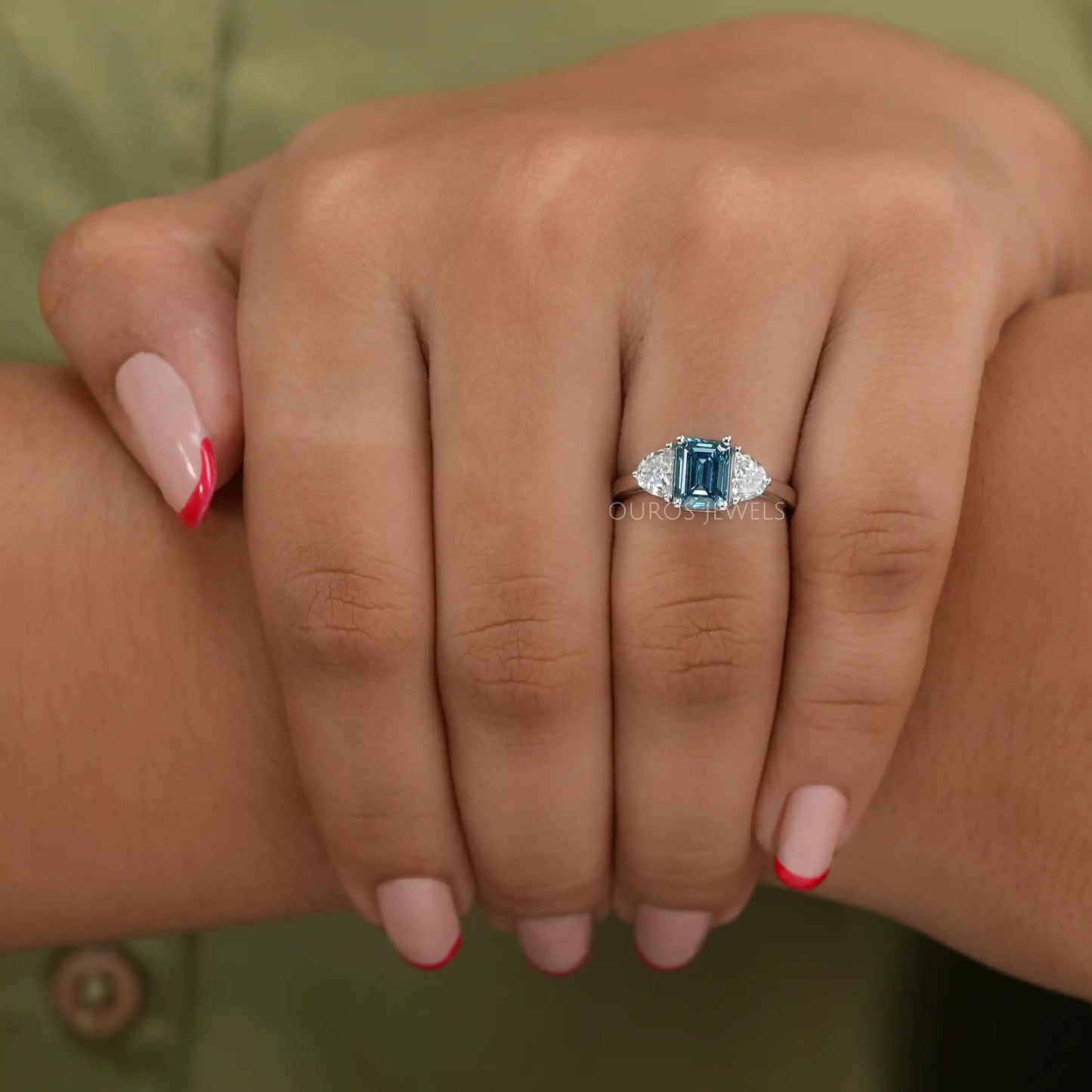 Blue Emerald Cut 3 Stone Ring