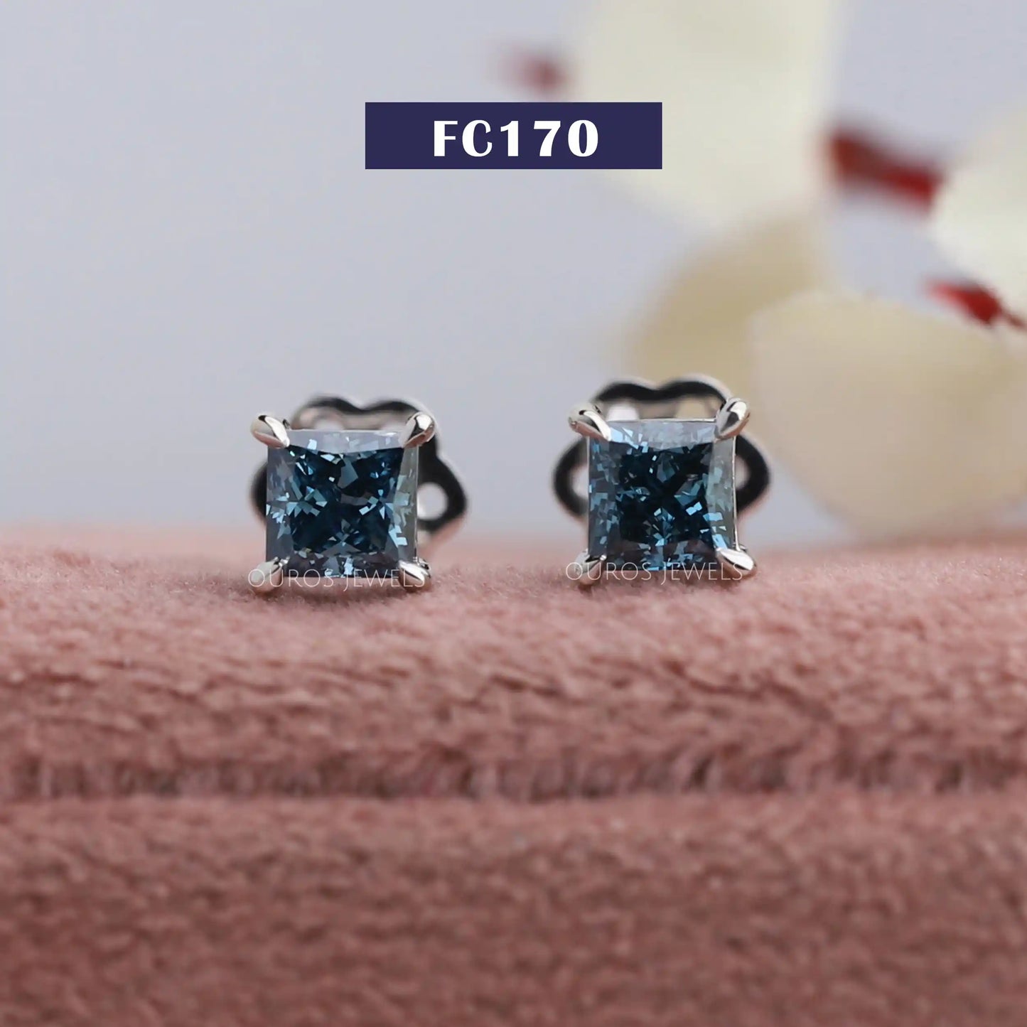 Blue Princess Cut Stud Earrings