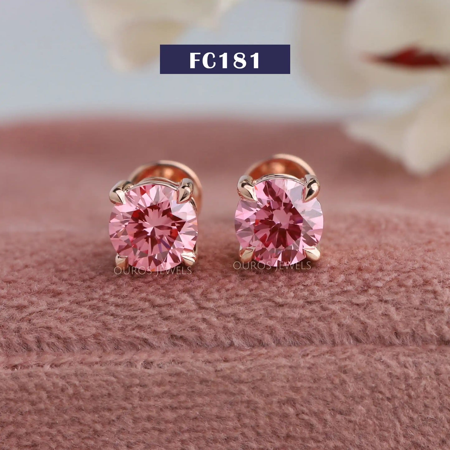 Fancy Pink Round Cut Stud Earrings