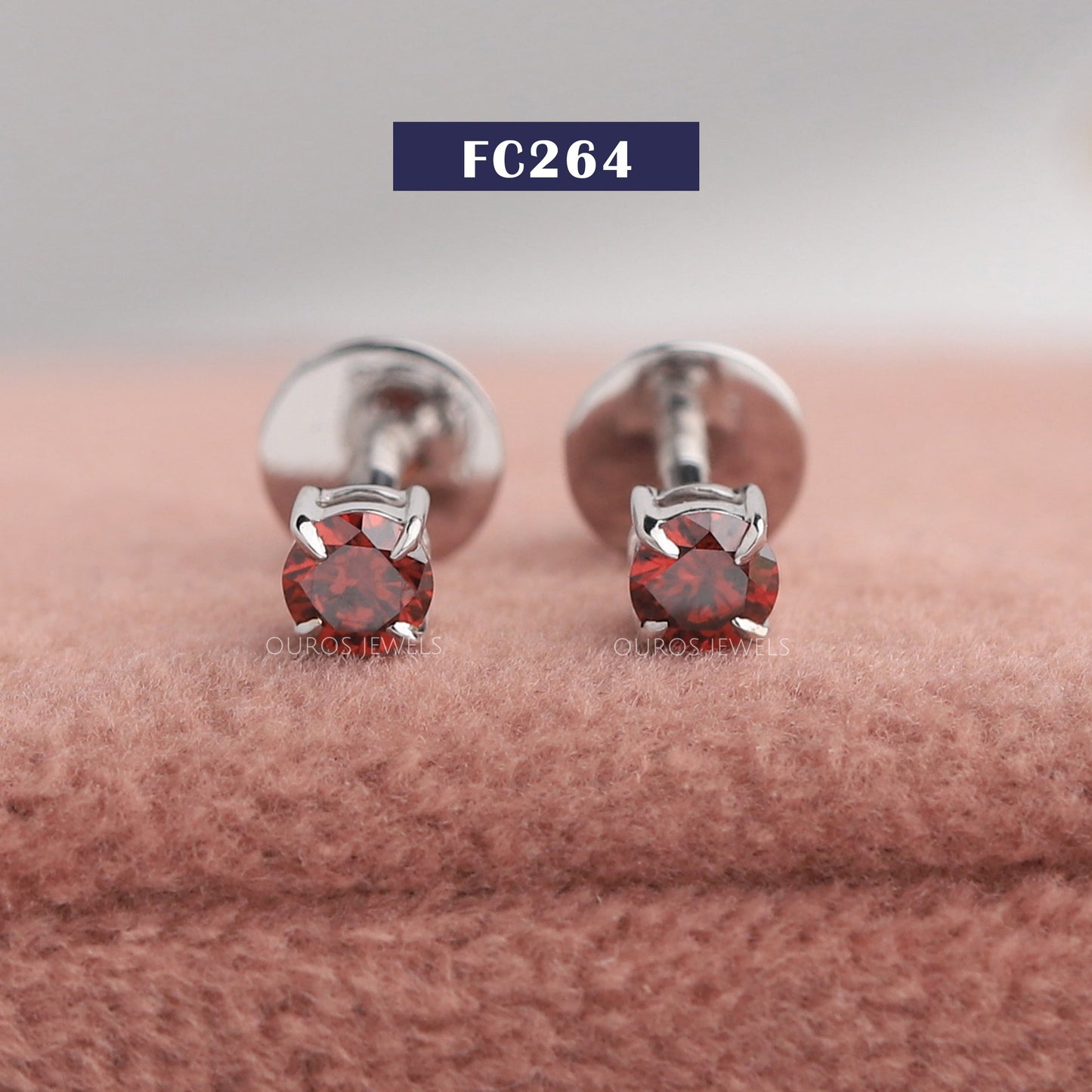 Red Round Diamond Stud Earrings