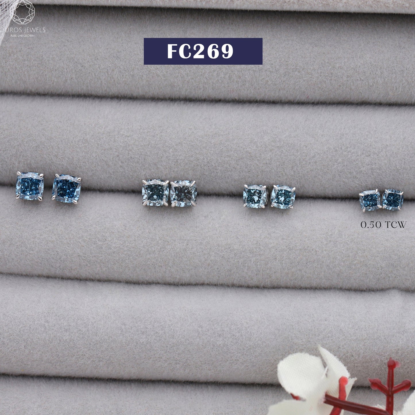 Blue Cushion Lab Diamond Stud Earrings