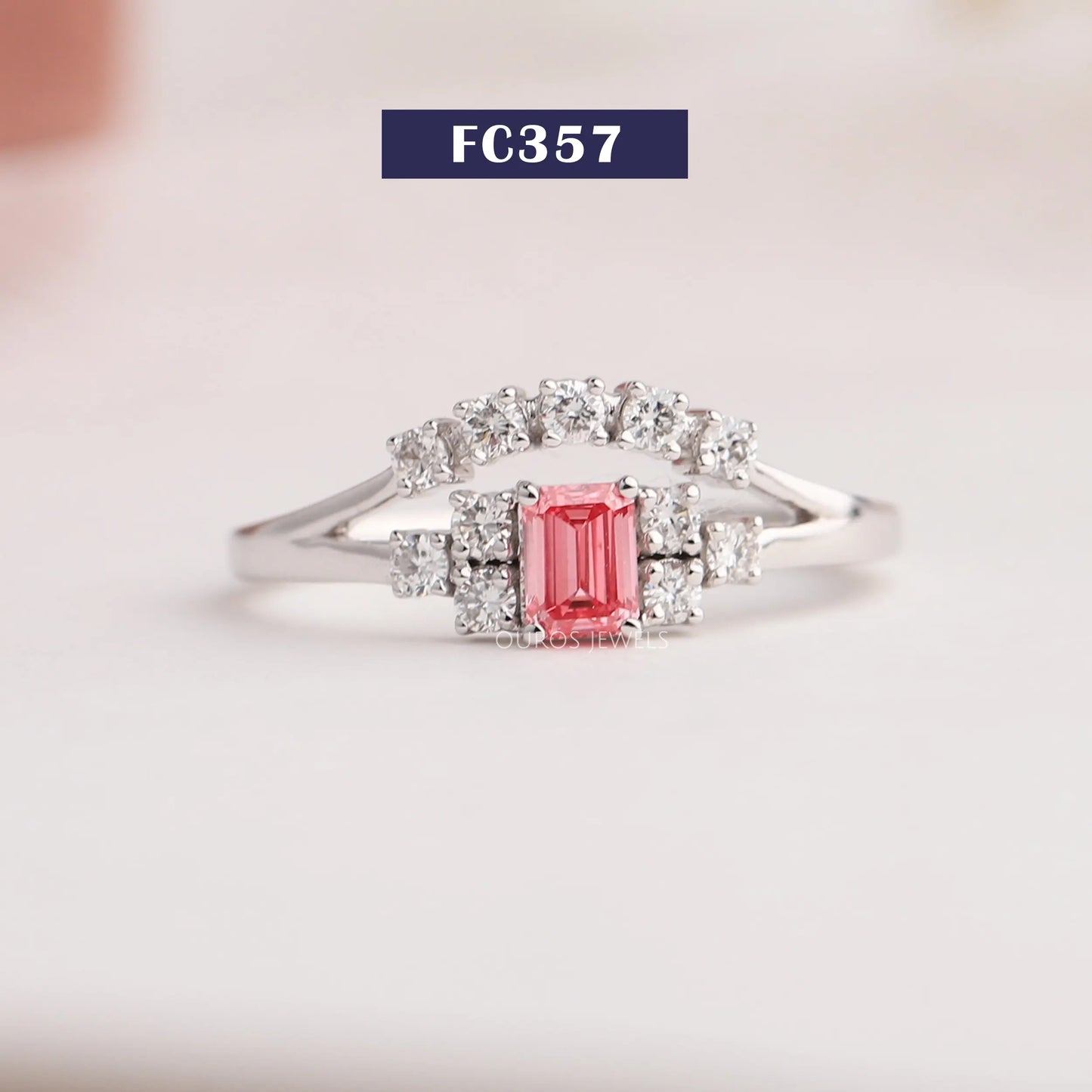 Pink Color Emerald Cut Cluster Ring