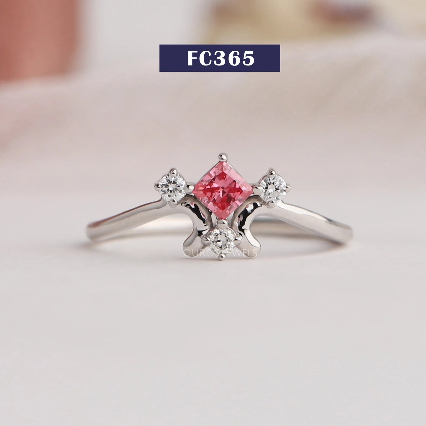 Pink Princess Cut Curved Dainty Ring