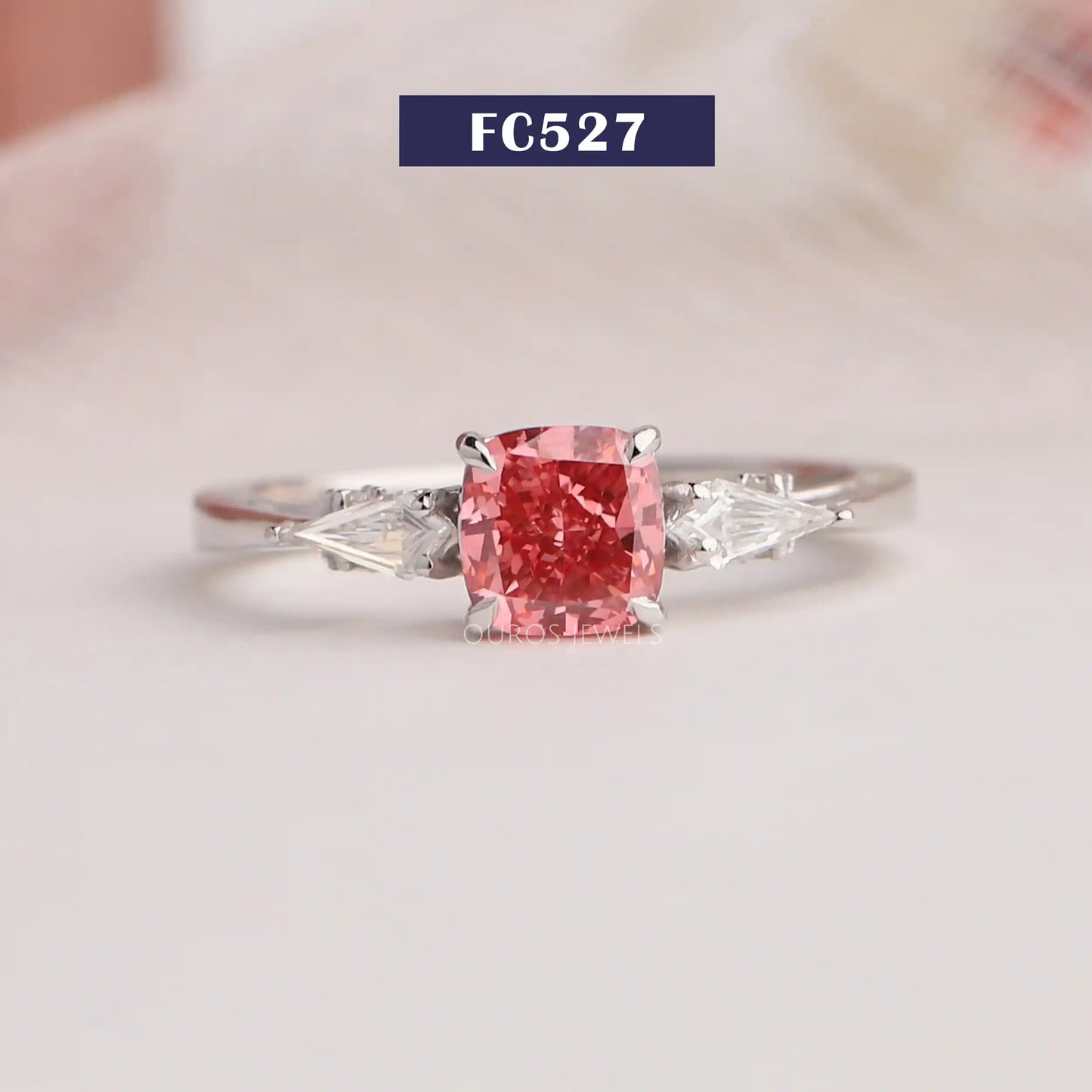 Pink Cushion Diamond Three Stone Ring