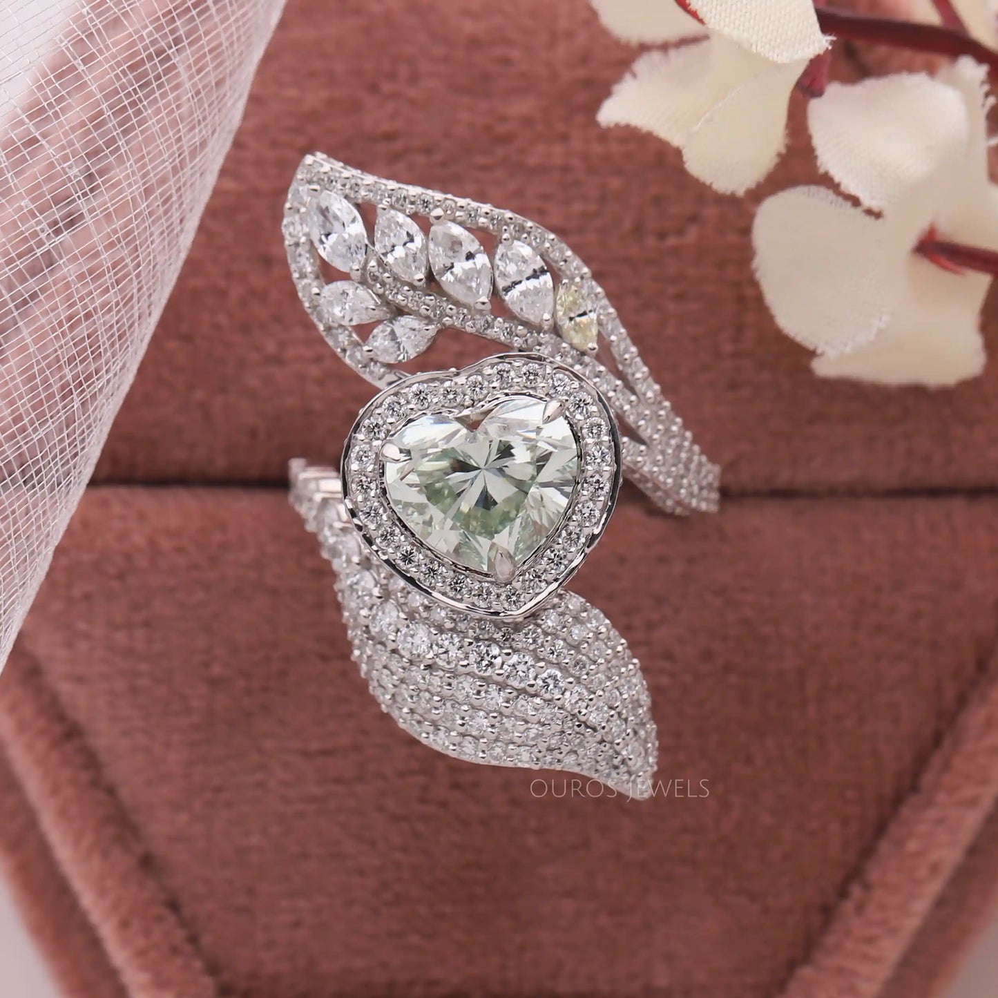 Halo Style Green Heart Bypass Ring