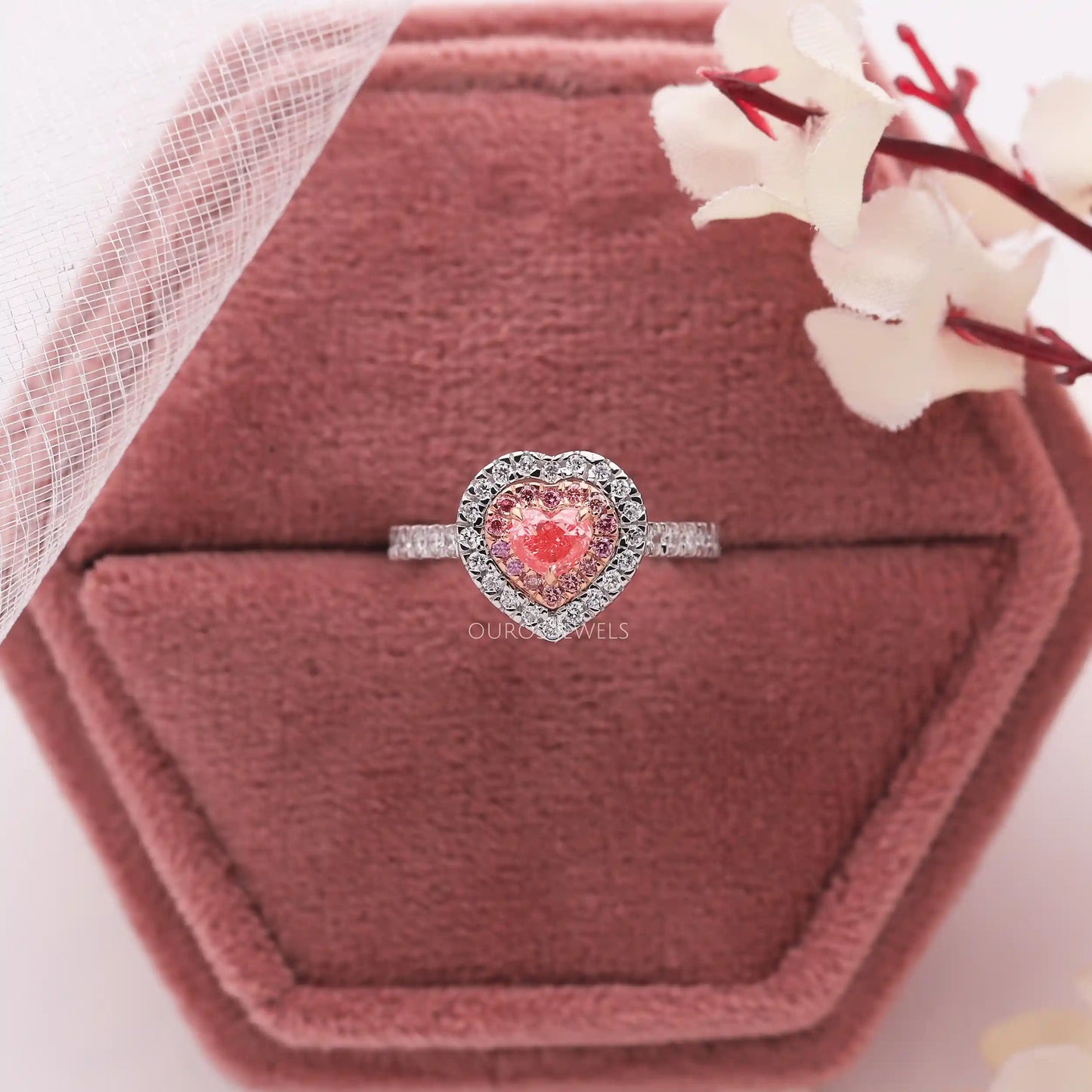 Pink Heart Double Halo Ring