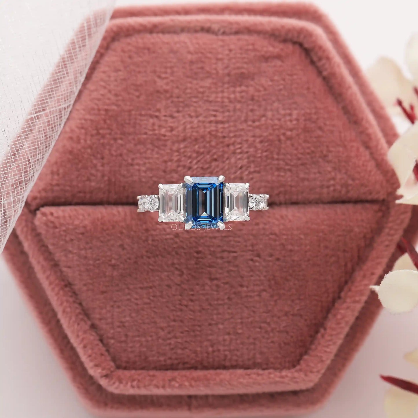 Blue Emerald Cut Engagement Ring