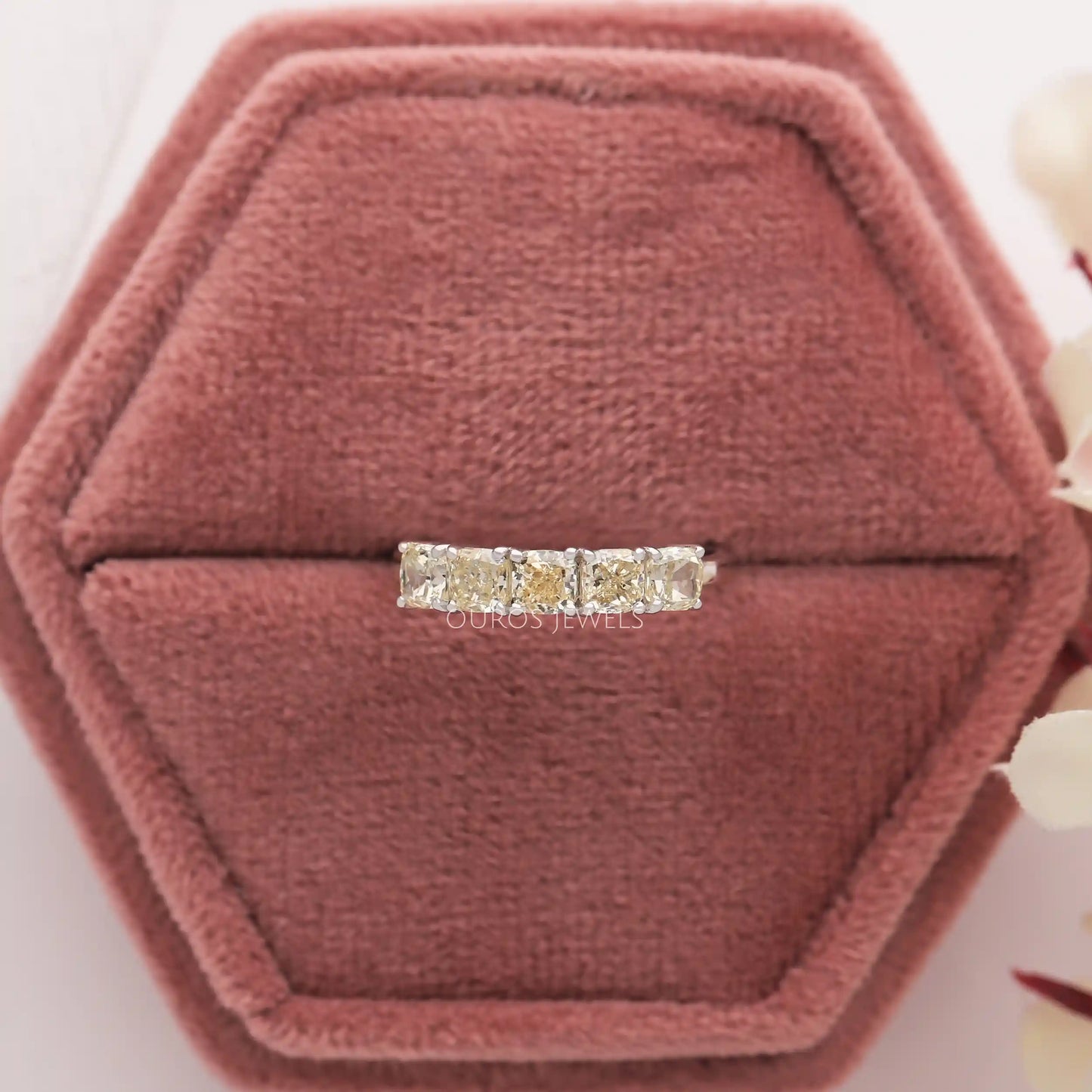 Five Stone Yellow Cushion Cut Diamond Ring