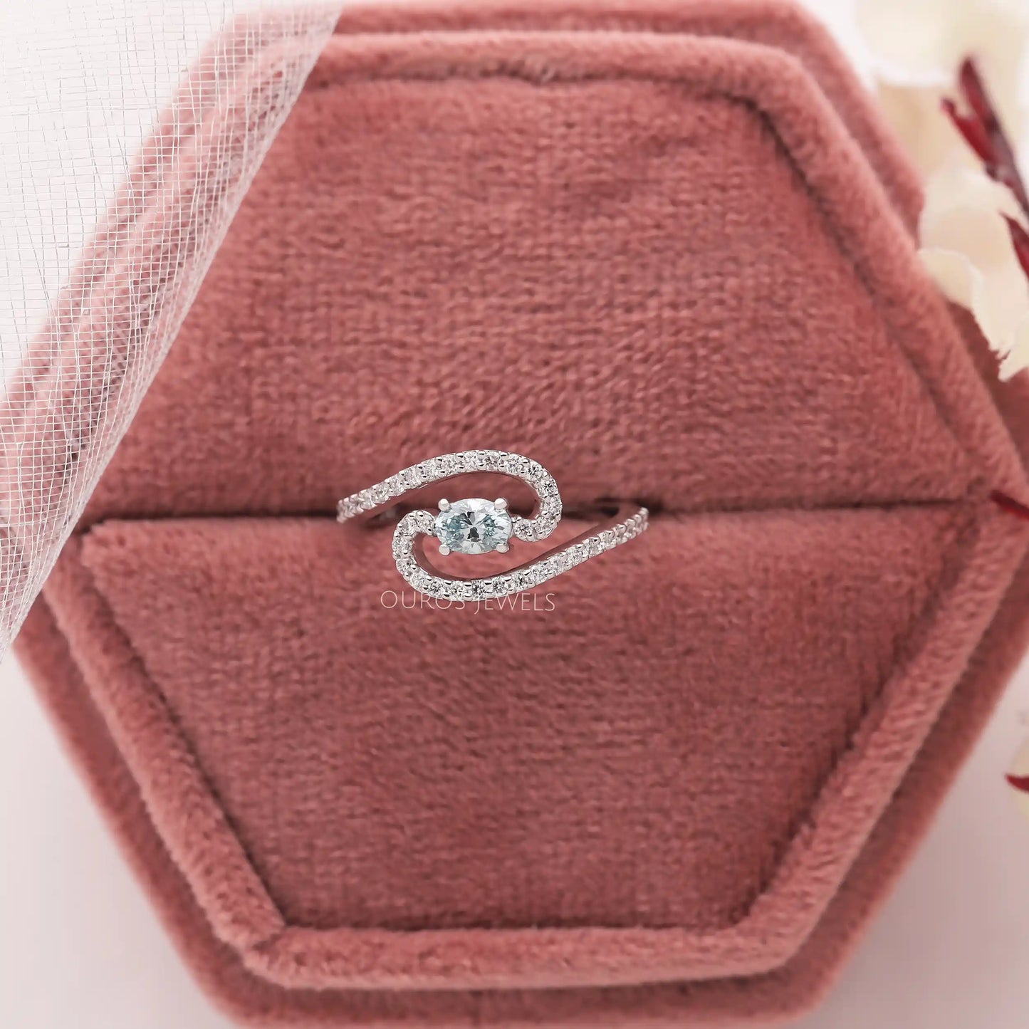 Green Oval Lab Diamond Solitaire Accent Ring