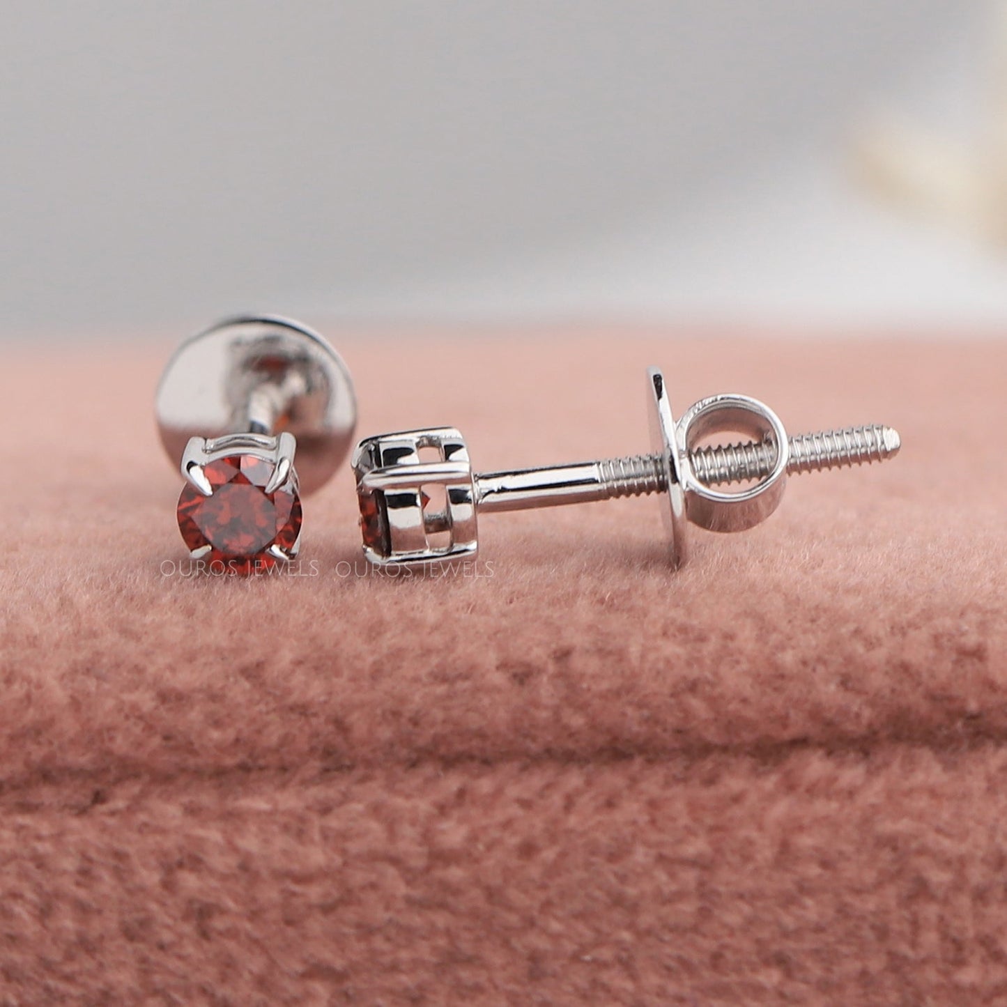 Red Round Diamond Stud Earrings